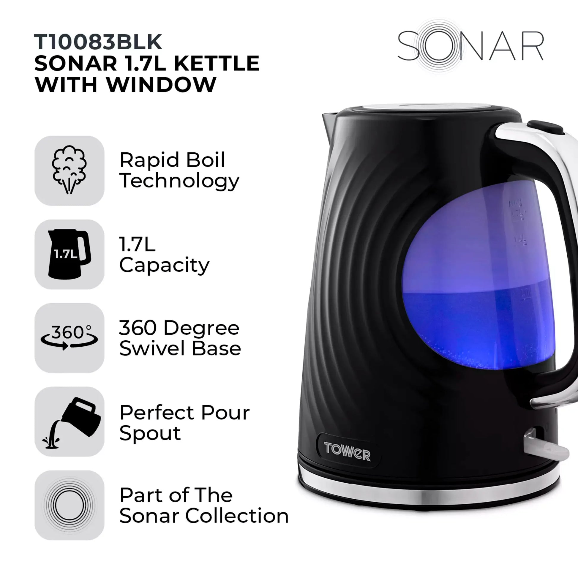 Tower Tower Sonar Kettle, 2 Slice Toaster, Bread Bin & Canisters Kitchen Set (Black)