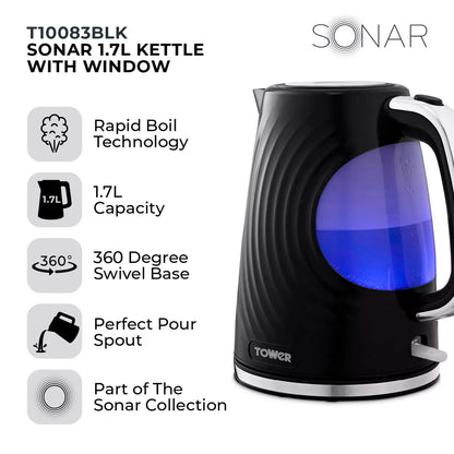 Tower Tower Sonar Kettle, 2 Slice Toaster, Bread Bin & Canisters Kitchen Set (Black)