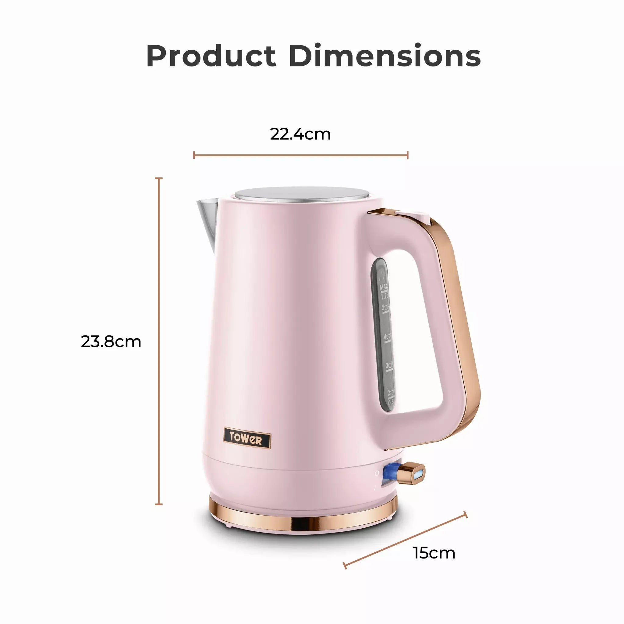 Marshmallow pink 1.7L jug kettle with flip-top lid, stainless spout, rose-gold handle