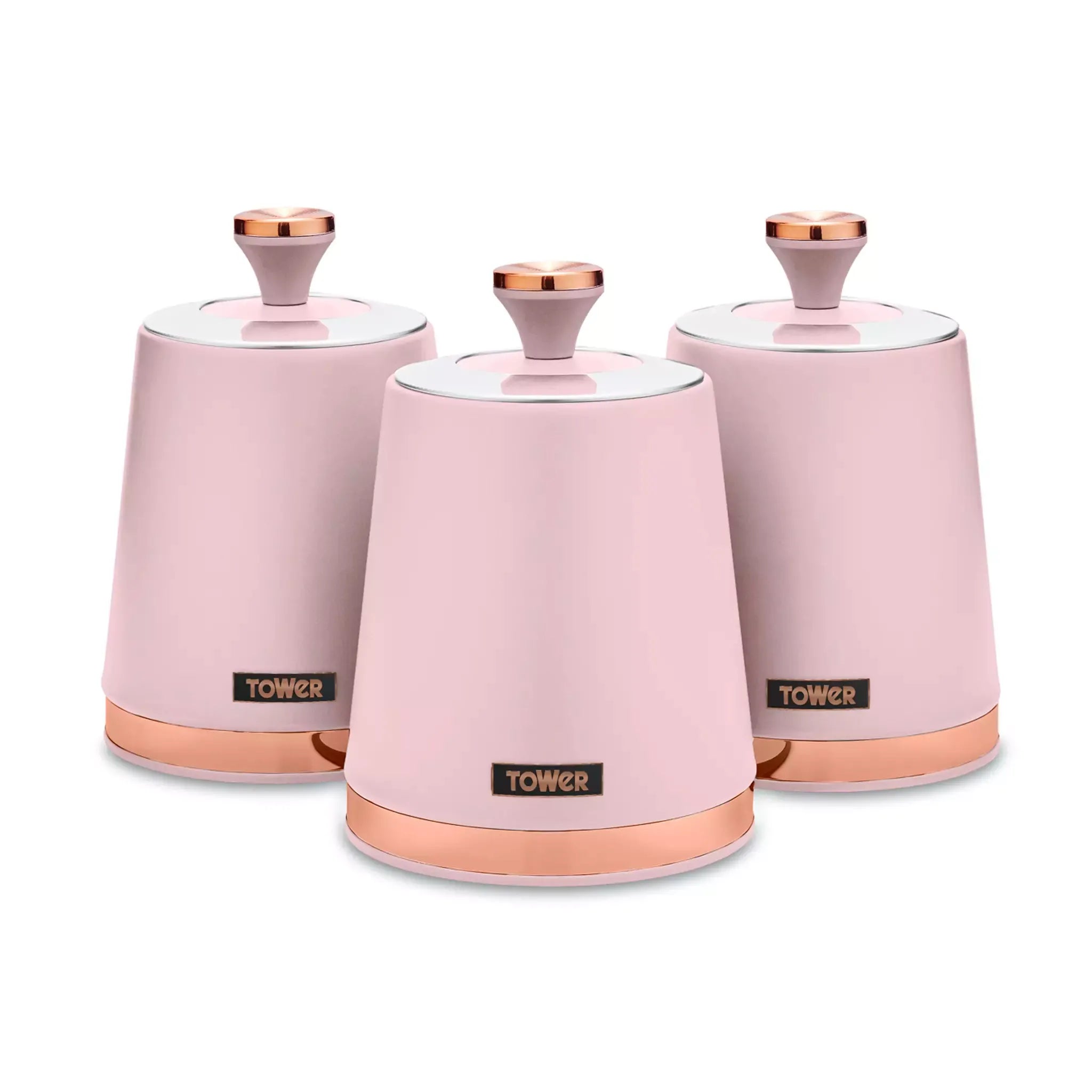 Set of 3 marshmallow pink Tower Cavaletto canisters with rose-gold tone lids