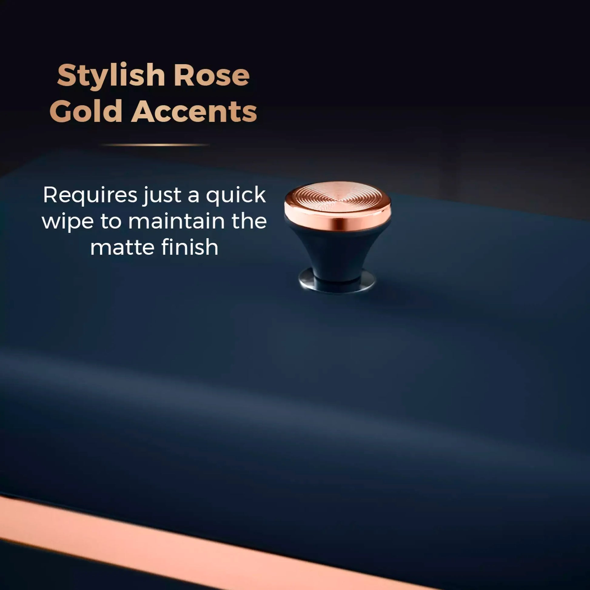 Rose-gold knob on midnight blue bread bin lid with matte finish