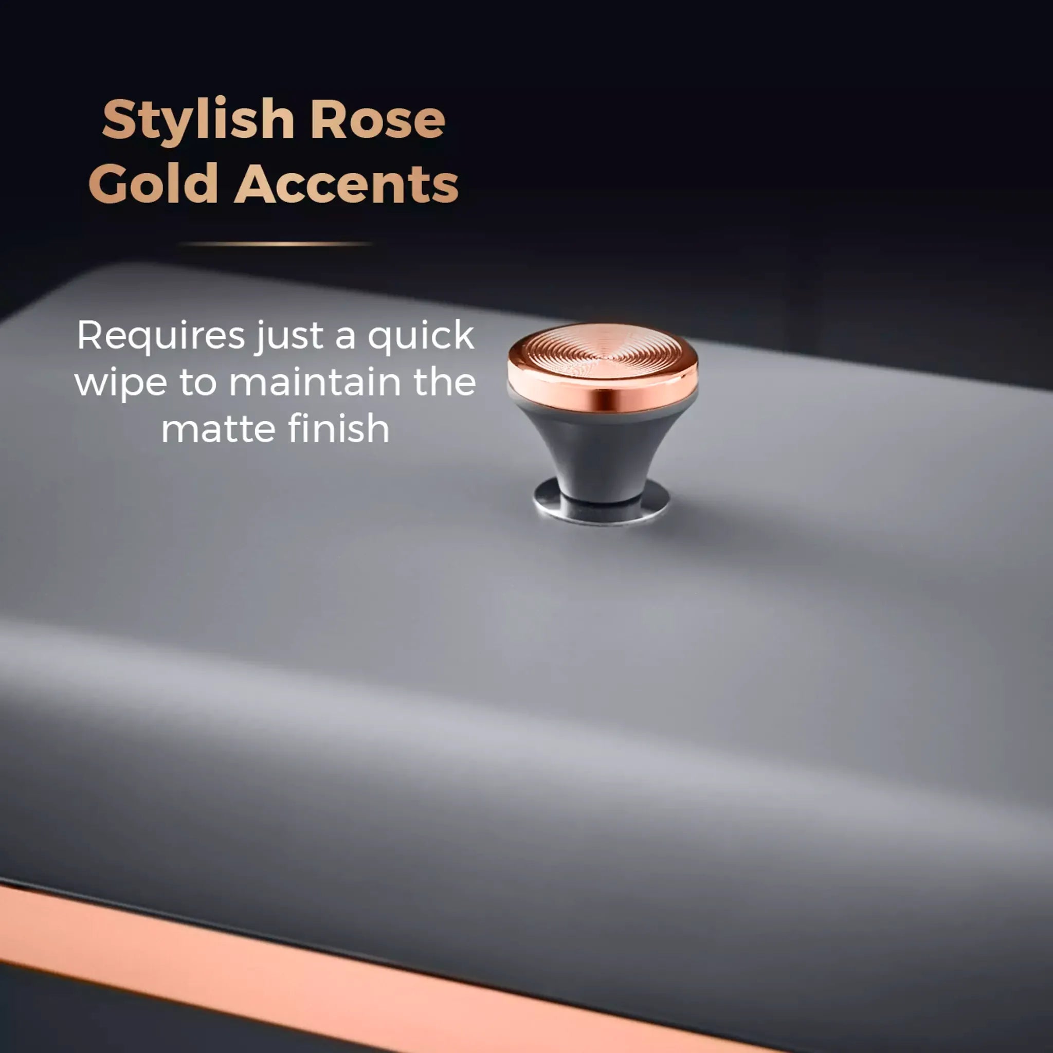 Rose-gold accent lift-top knob on grey bread bin lid