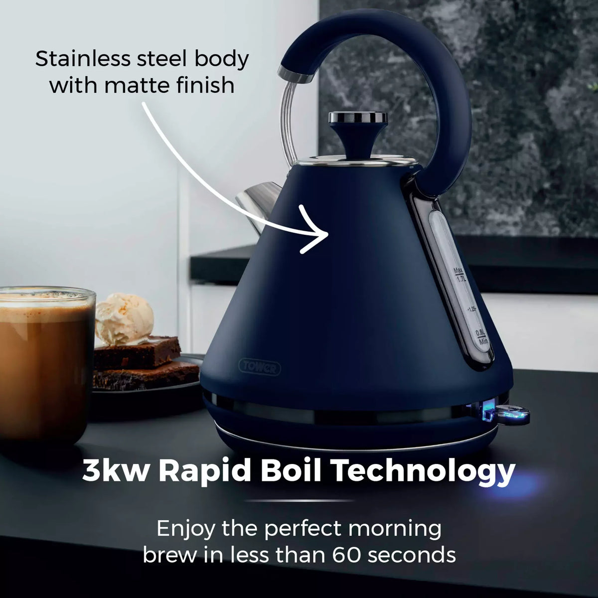 Tower Tower Sera Pyramid Kettle & 4 Slice Toaster Kitchen Set (Midnight Blue)