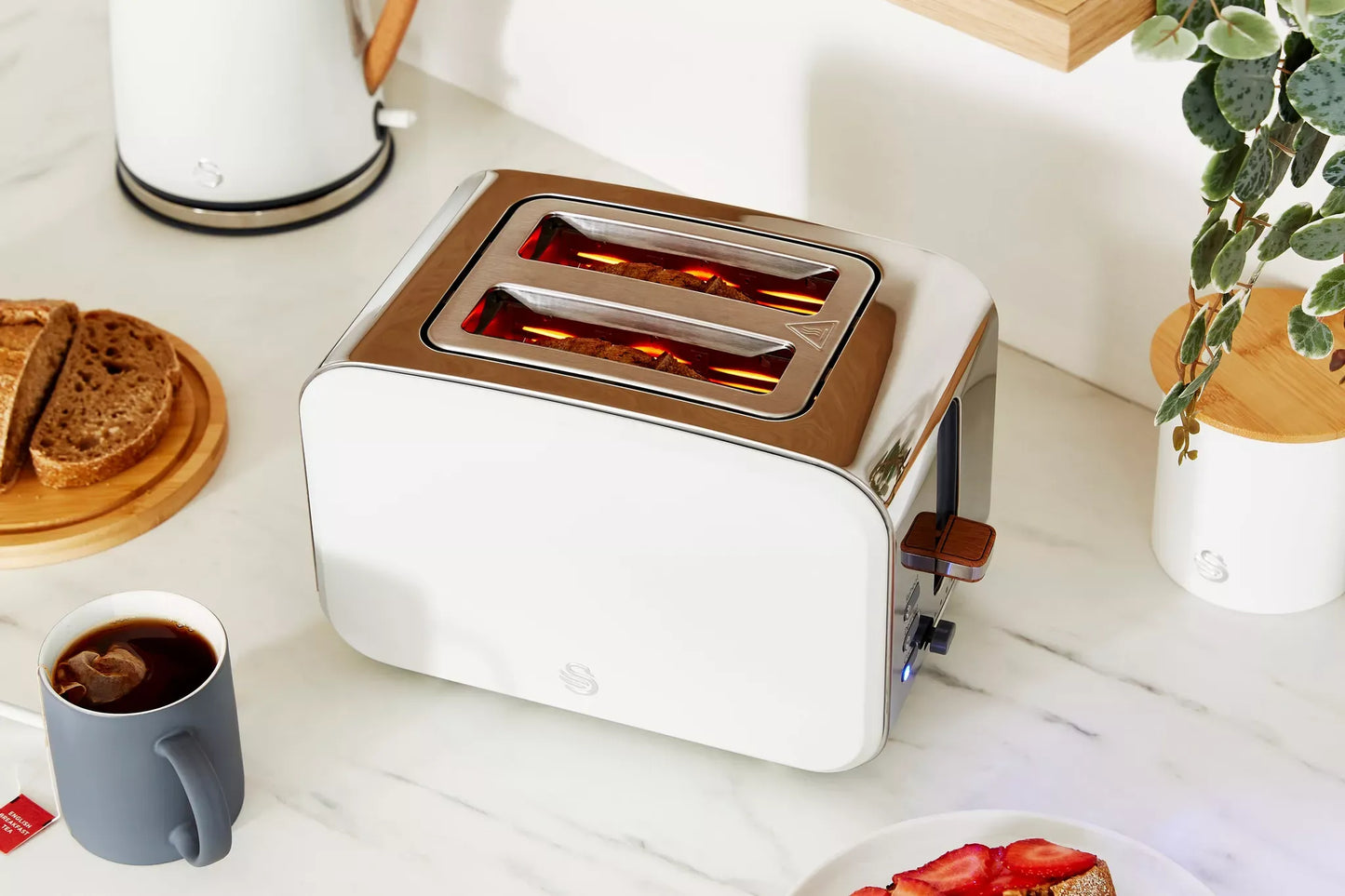 Swan Swan Nordic Kettle, 2 Slice Toaster, Bread Bin & Canisters Kitchen Set (Cotton White)