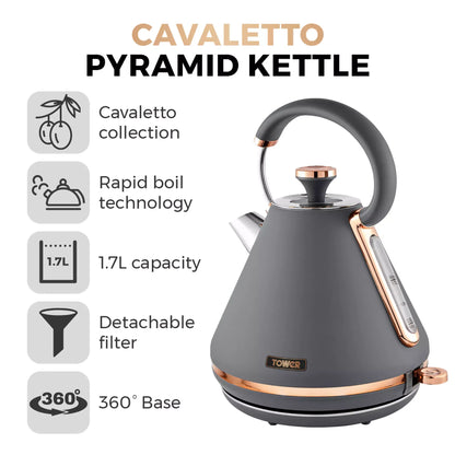Tower Tower Cavaletto Pyramid Kettle, 4 Slice Toaster, Bread Bin & Canisters Kitchen Set (Grey)