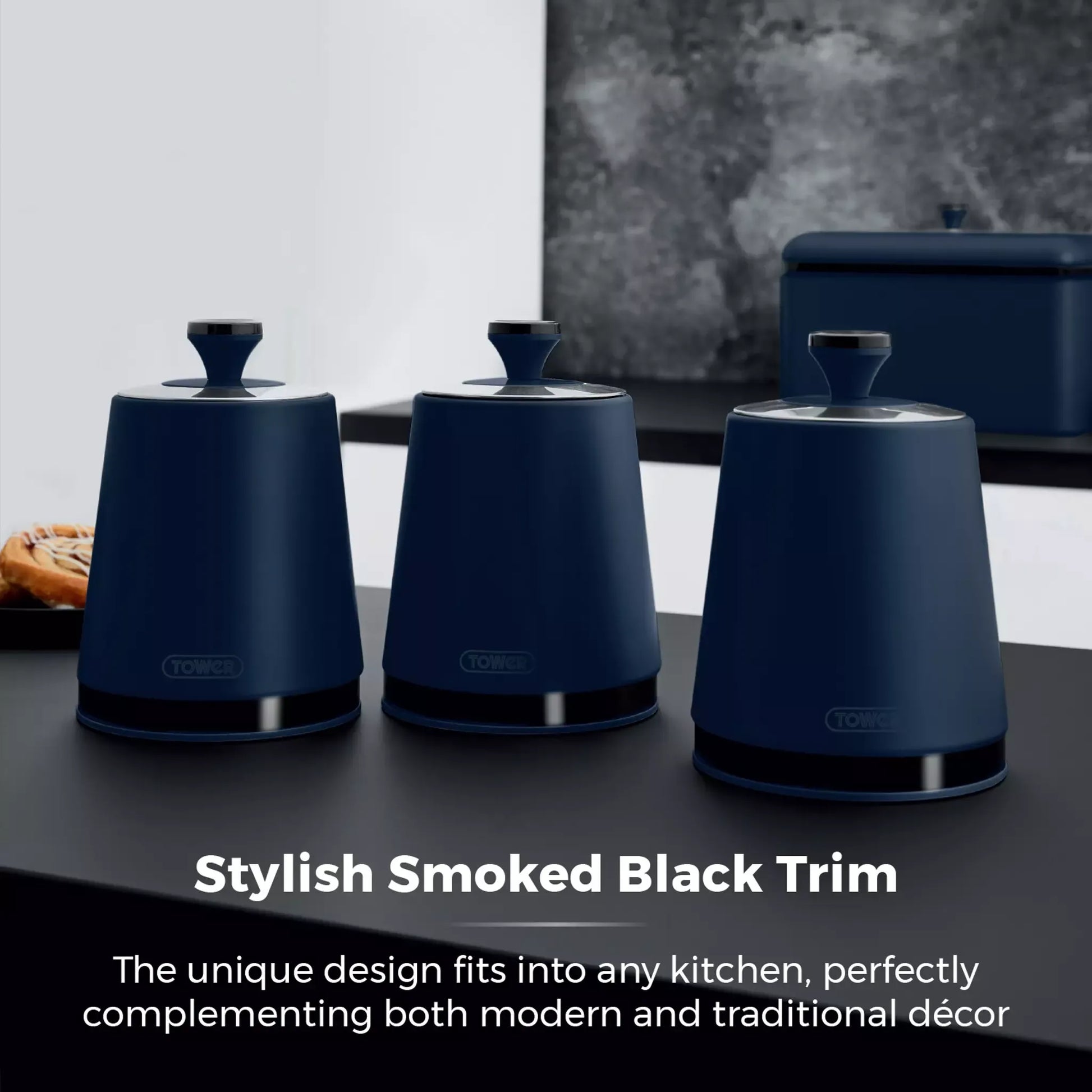 Tower Tower Sera Kettle, 4 Slice Toaster, Bread Bin & Canisters Kitchen Set (Midnight Blue)