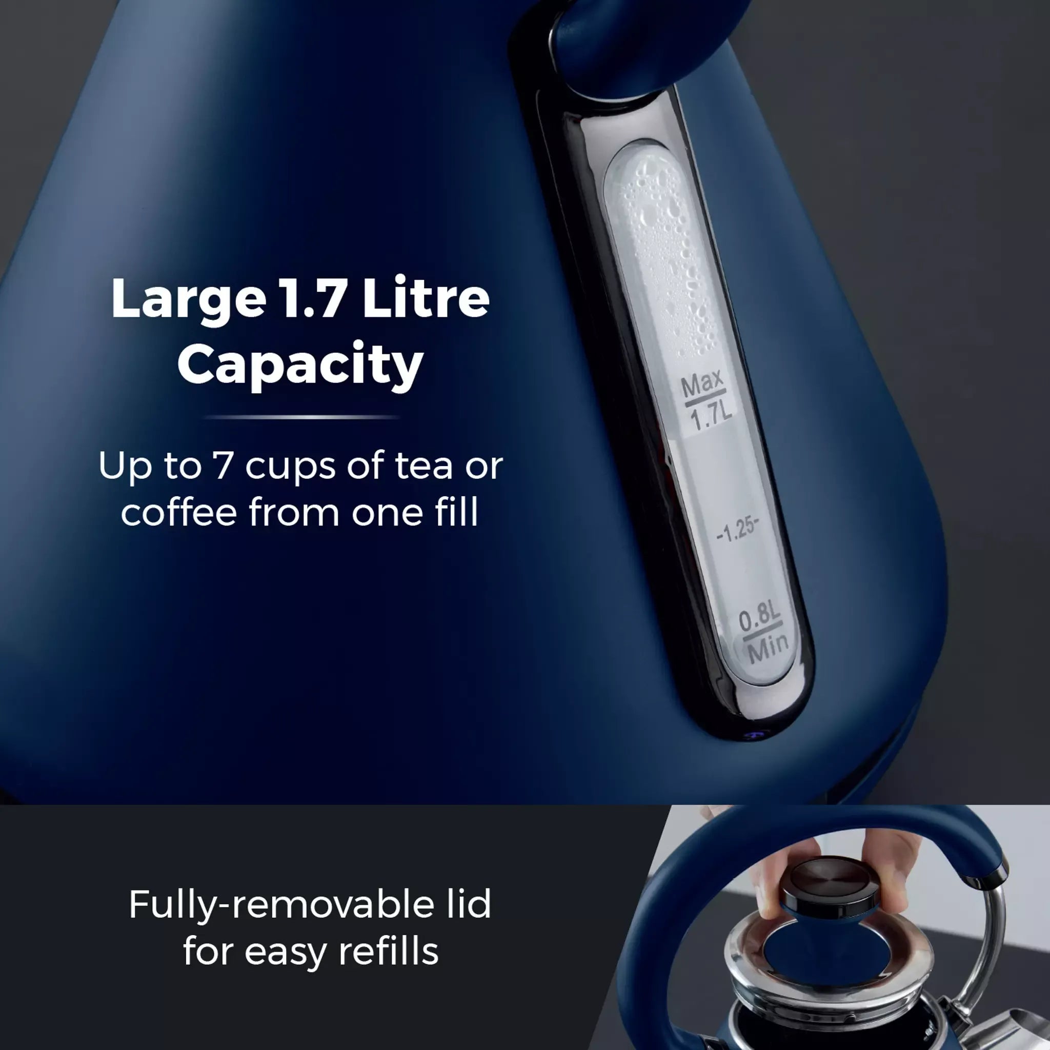 Midnight blue electric kettle with 1.7L water gauge and removable lid
