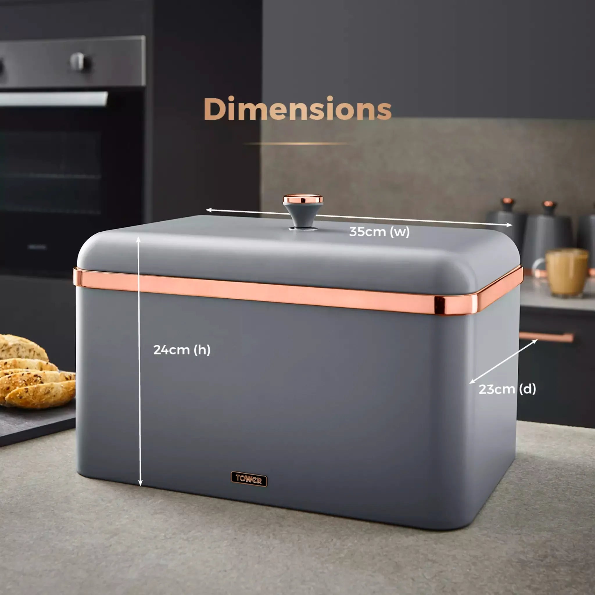 Grey bread bin with rose-gold trim, shown with size measurements