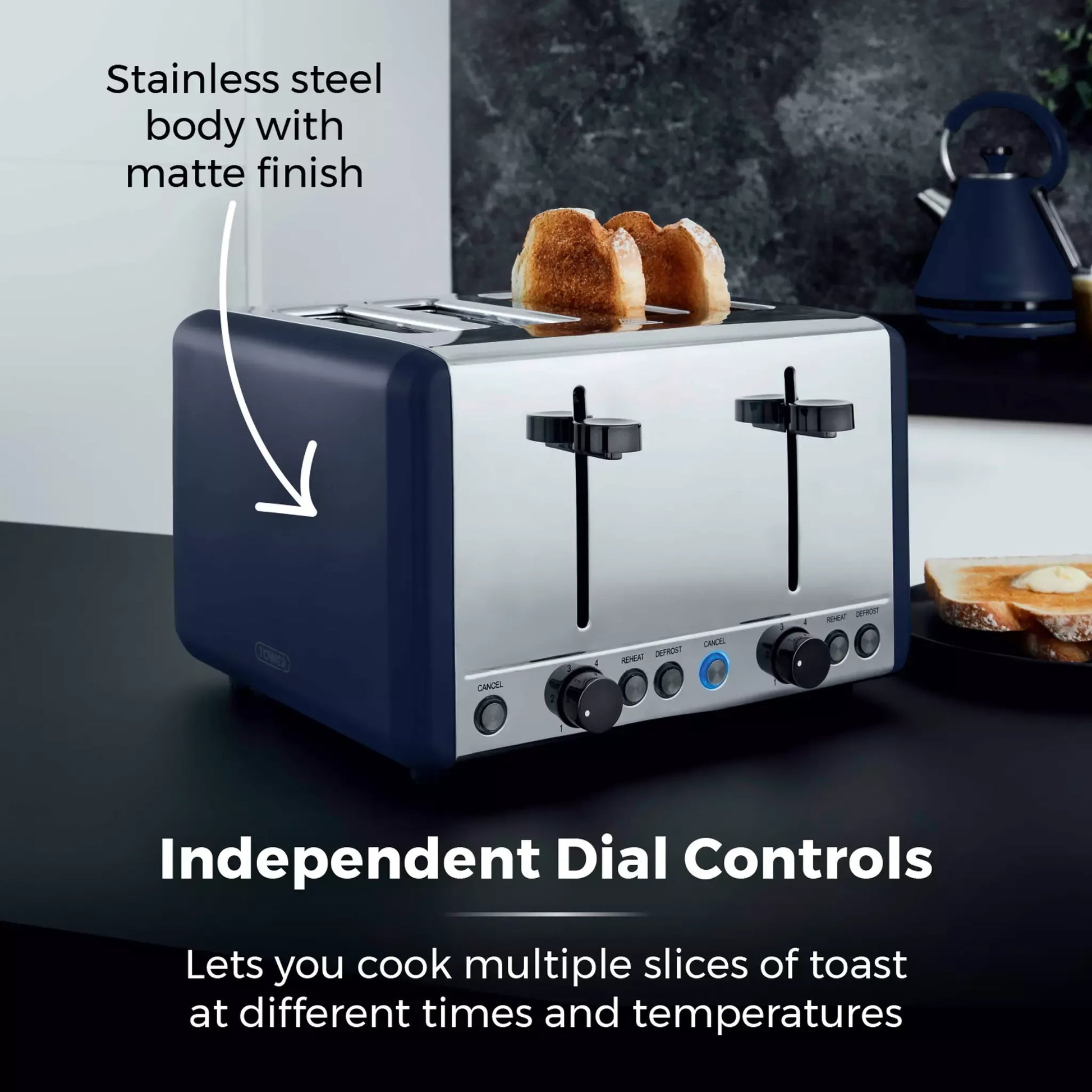 Tower Tower Sera Pyramid Kettle & 4 Slice Toaster Kitchen Set (Midnight Blue)
