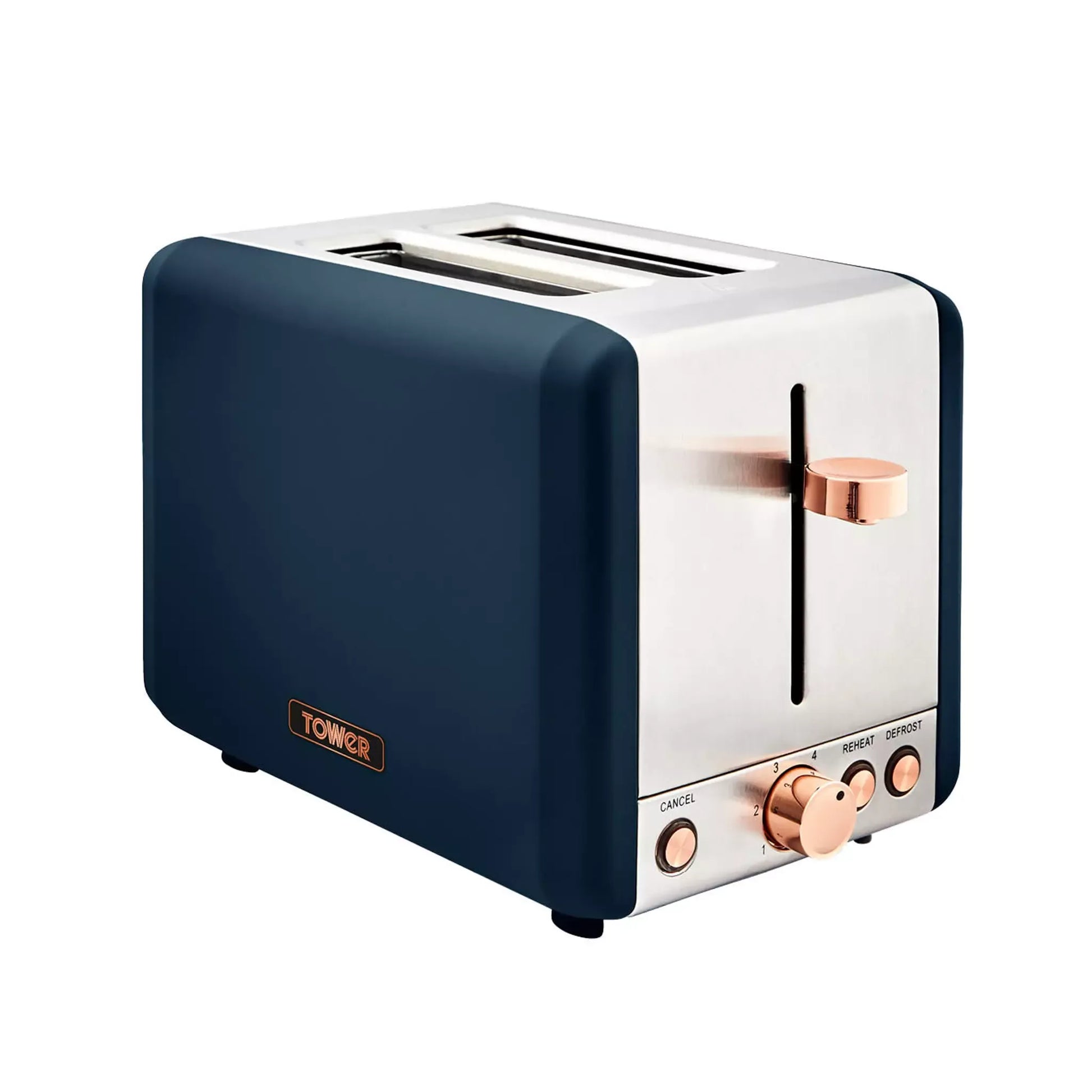 Midnight blue 2-slice toaster with white body top and rose-gold knob accents
