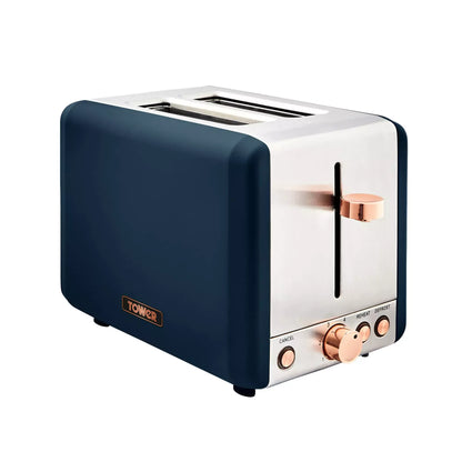 Midnight blue 2-slice toaster with white body top and rose-gold knob accents