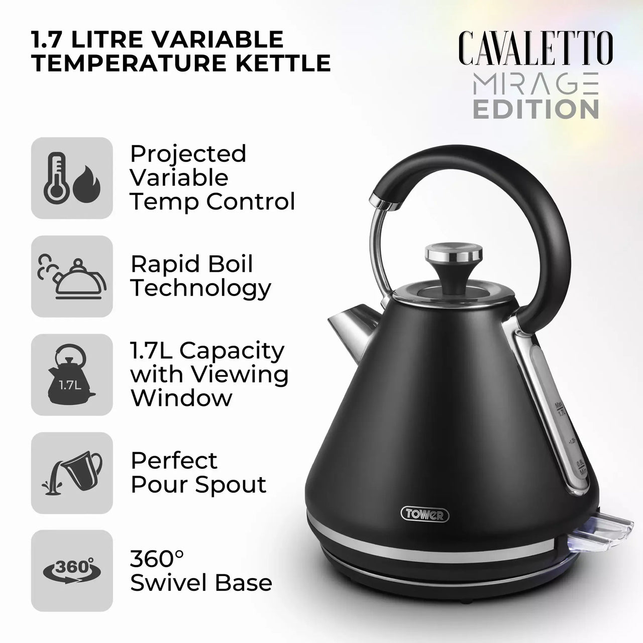Black digital pyramid kettle with viewing window, pour spout, and swivel base