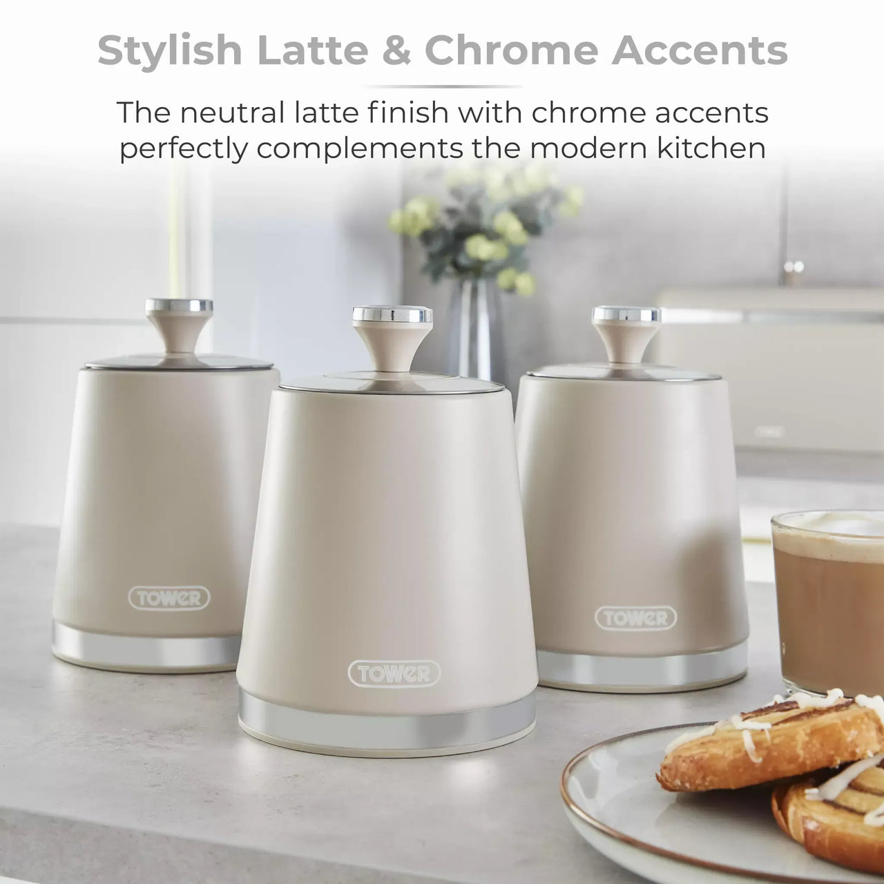 Tower Cavaletto Pyramid Kettle, 4 Slice Toaster, Bread Bin & Canisters Kitchen Set (Latte)