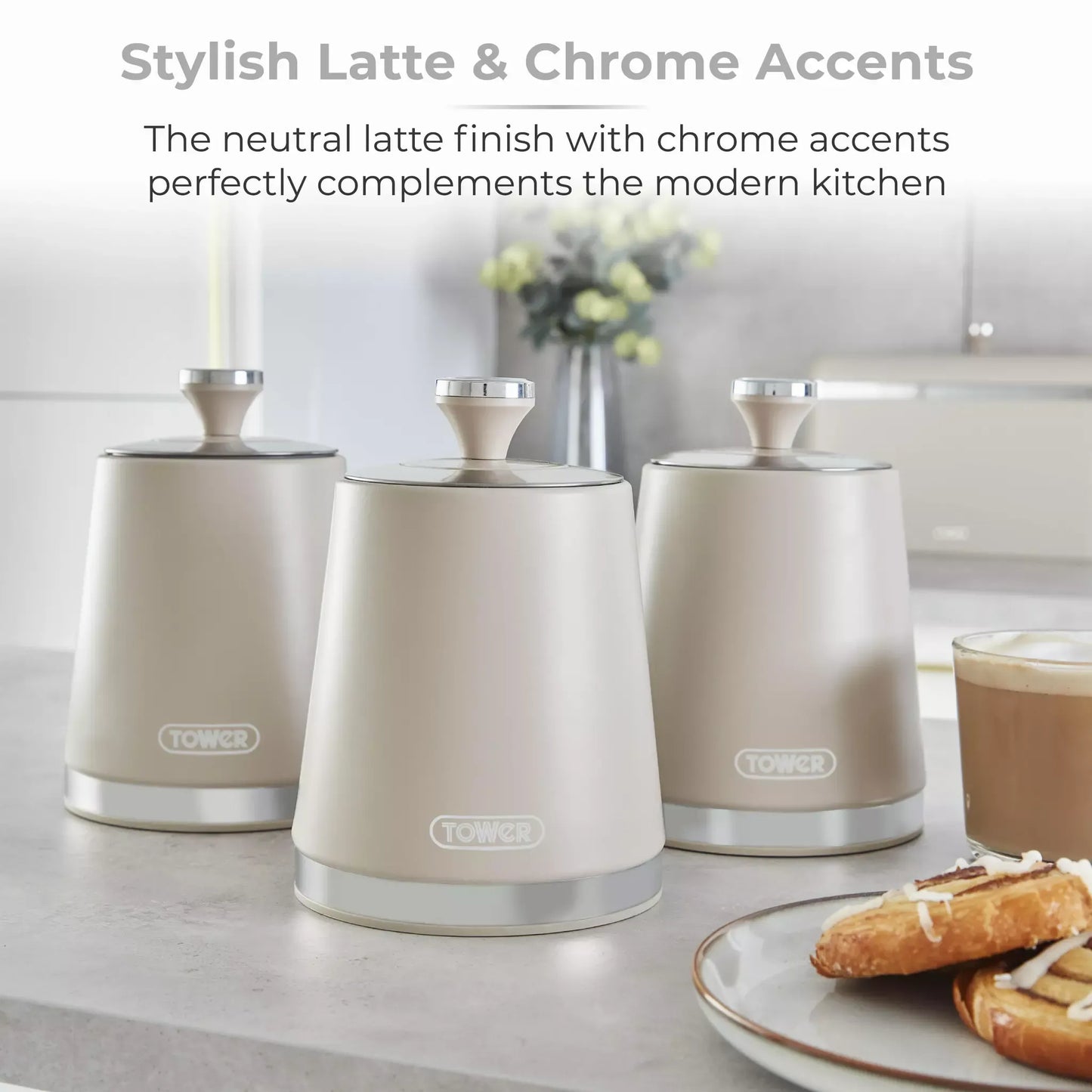 Tower Tower Cavaletto Pyramid Kettle, 4 Slice Toaster, Bread Bin & Canisters Kitchen Set (Latte)