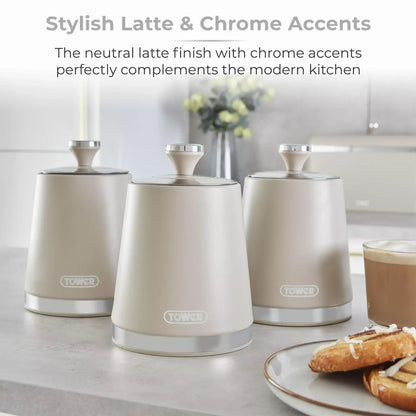 Tower Tower Cavaletto Pyramid Kettle, 4 Slice Toaster, Bread Bin & Canisters Kitchen Set (Latte)
