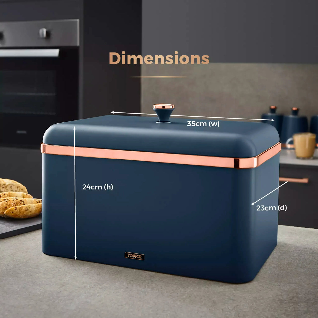 Midnight blue bread bin with liftable lid and rose-gold trim