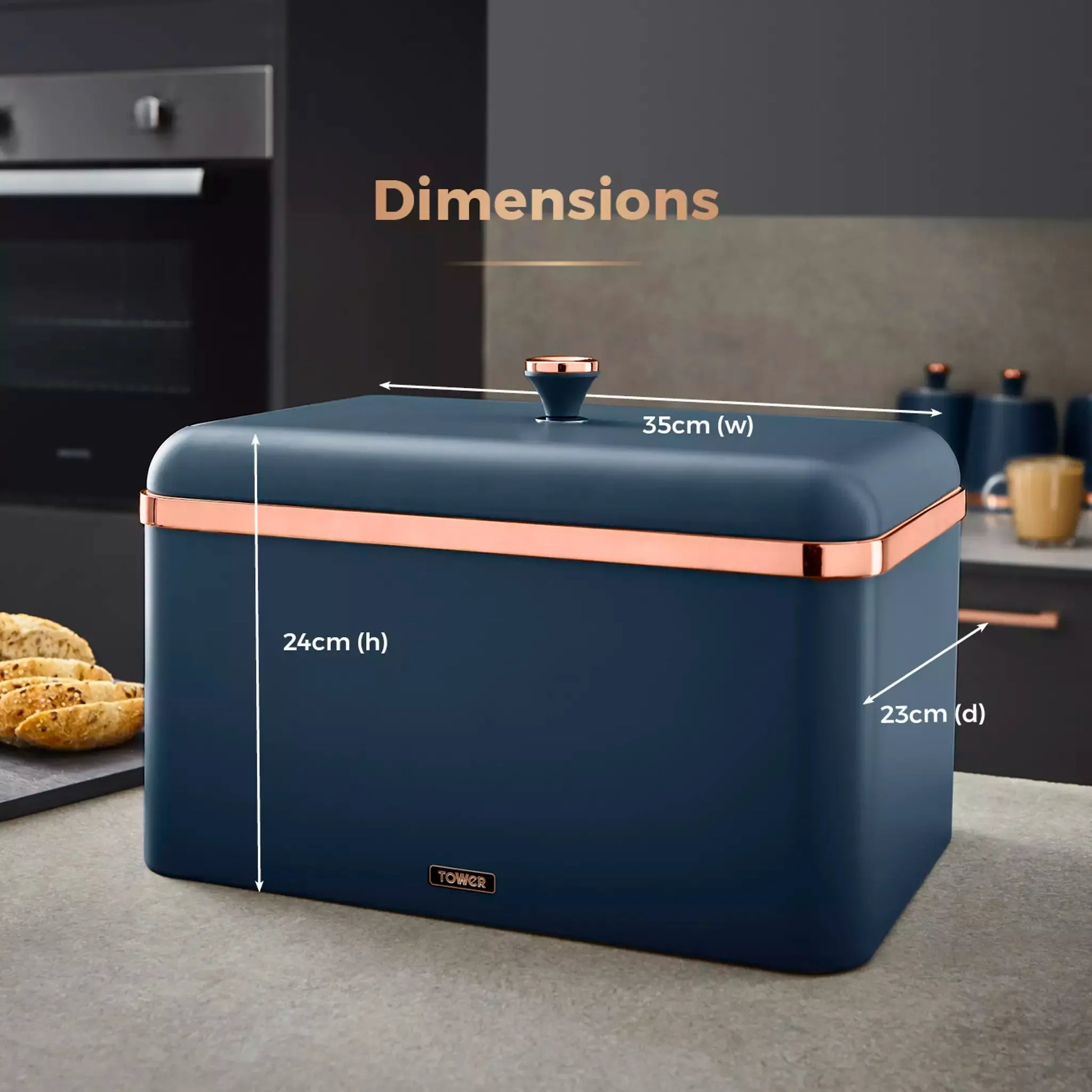 Midnight blue bread bin with liftable lid and rose-gold trim
