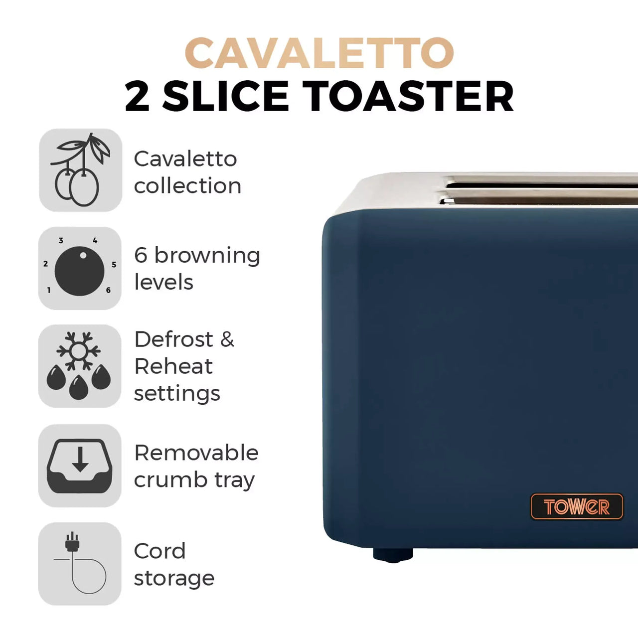Tower Cavaletto Pyramid Kettle, 2 Slice Toaster & Canisters Kitchen Set (Midnight Blue)