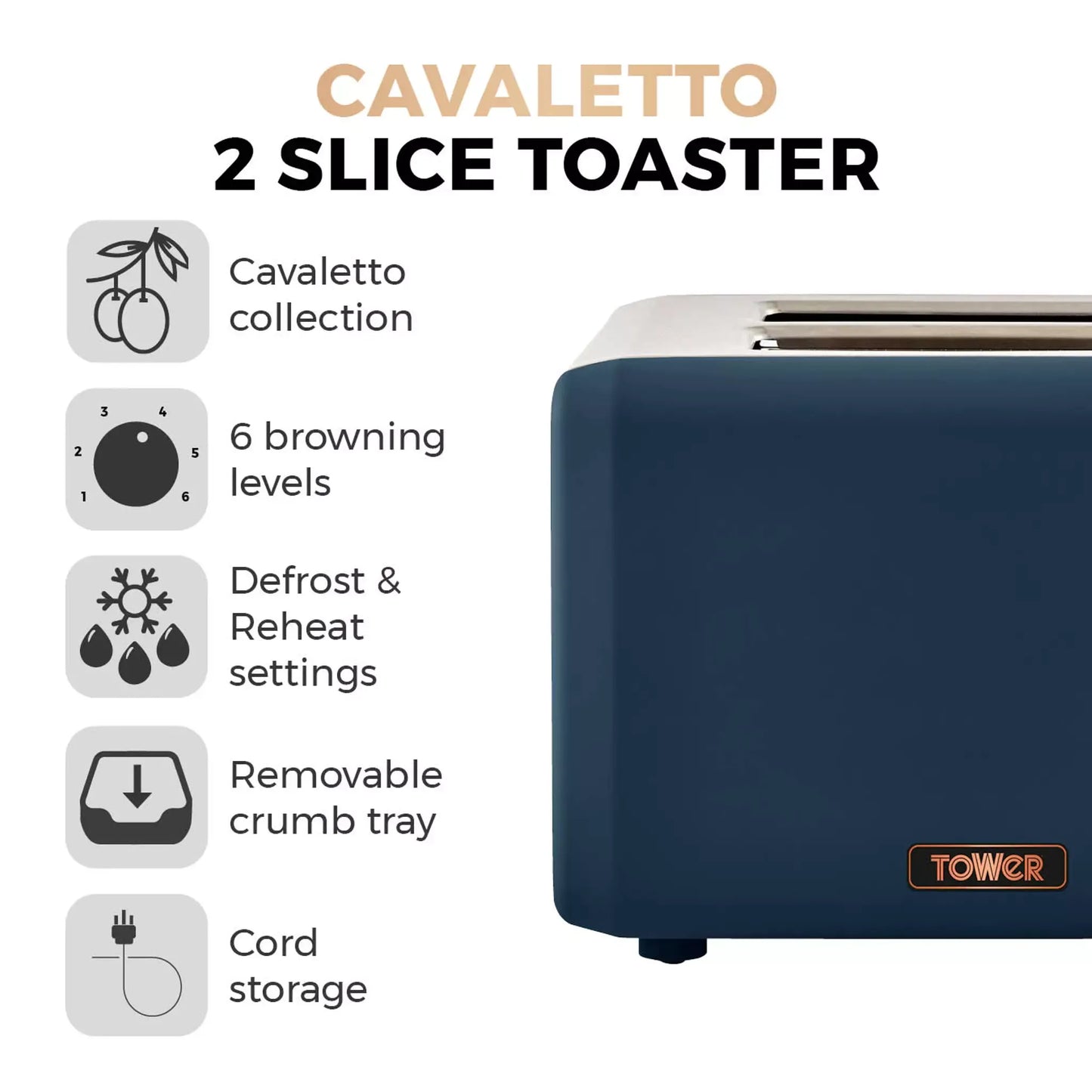 Midnight blue 2-slice toaster with white top and rose-gold accents