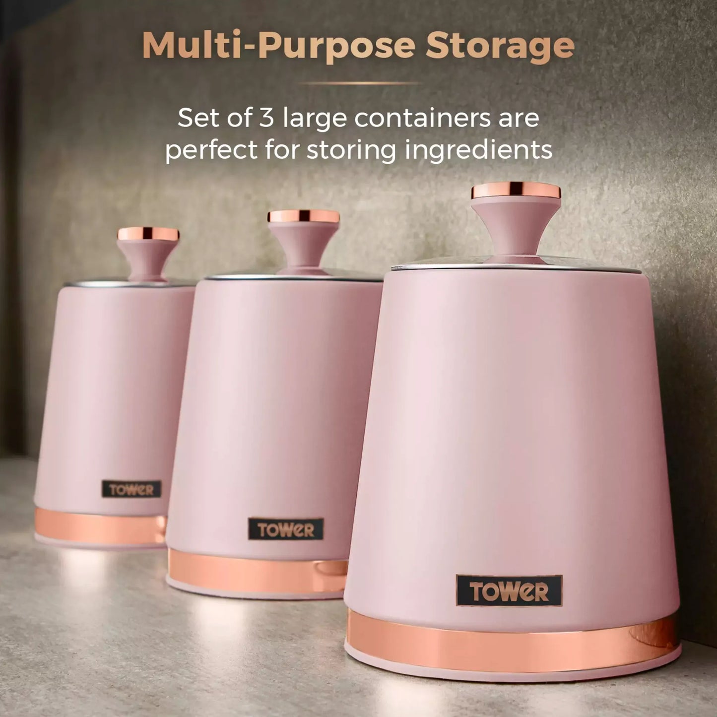 Three large marshmallow pink Tower Cavaletto canisters for multi-purpose storage