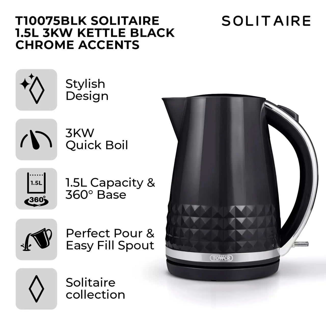 Tower Solitaire Jug Kettle & 2 Slice Toaster Kitchen Set (Black)