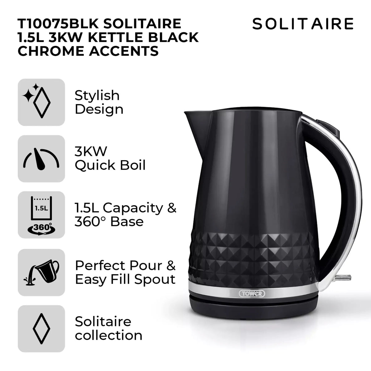 Tower Tower Solitaire Jug Kettle & 2 Slice Toaster Kitchen Set (Black)
