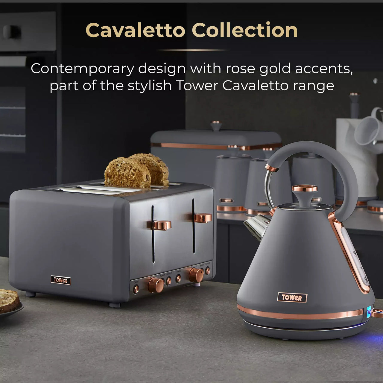 Tower Cavaletto Pyramid Kettle, 4 Slice Toaster & Canisters Kitchen Set (Grey)