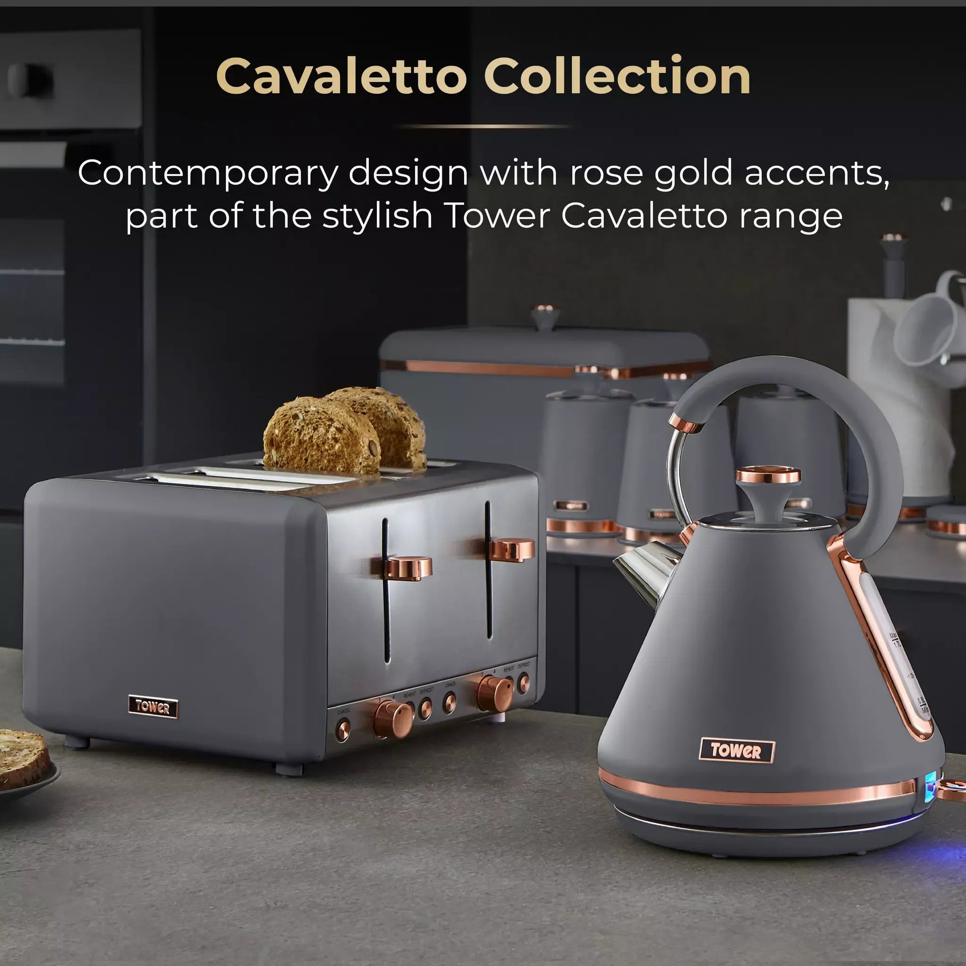 Grey countertop kettle and 2-slice toaster with rose-gold accents, Tower Cavaletto kitchen set