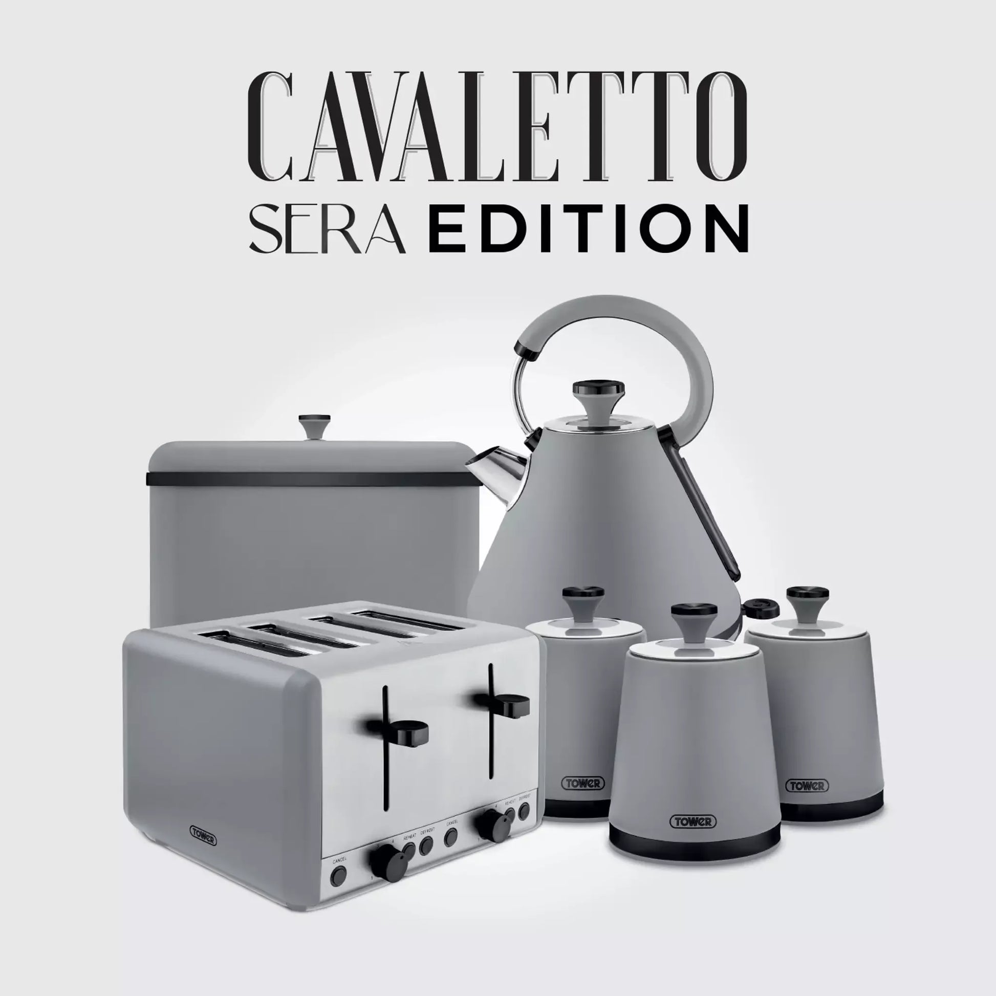 Tower Tower Sera Grey Kettle, 4 Slice Toaster, Bread Bin & Canisters Kitchen Set (Grey)
