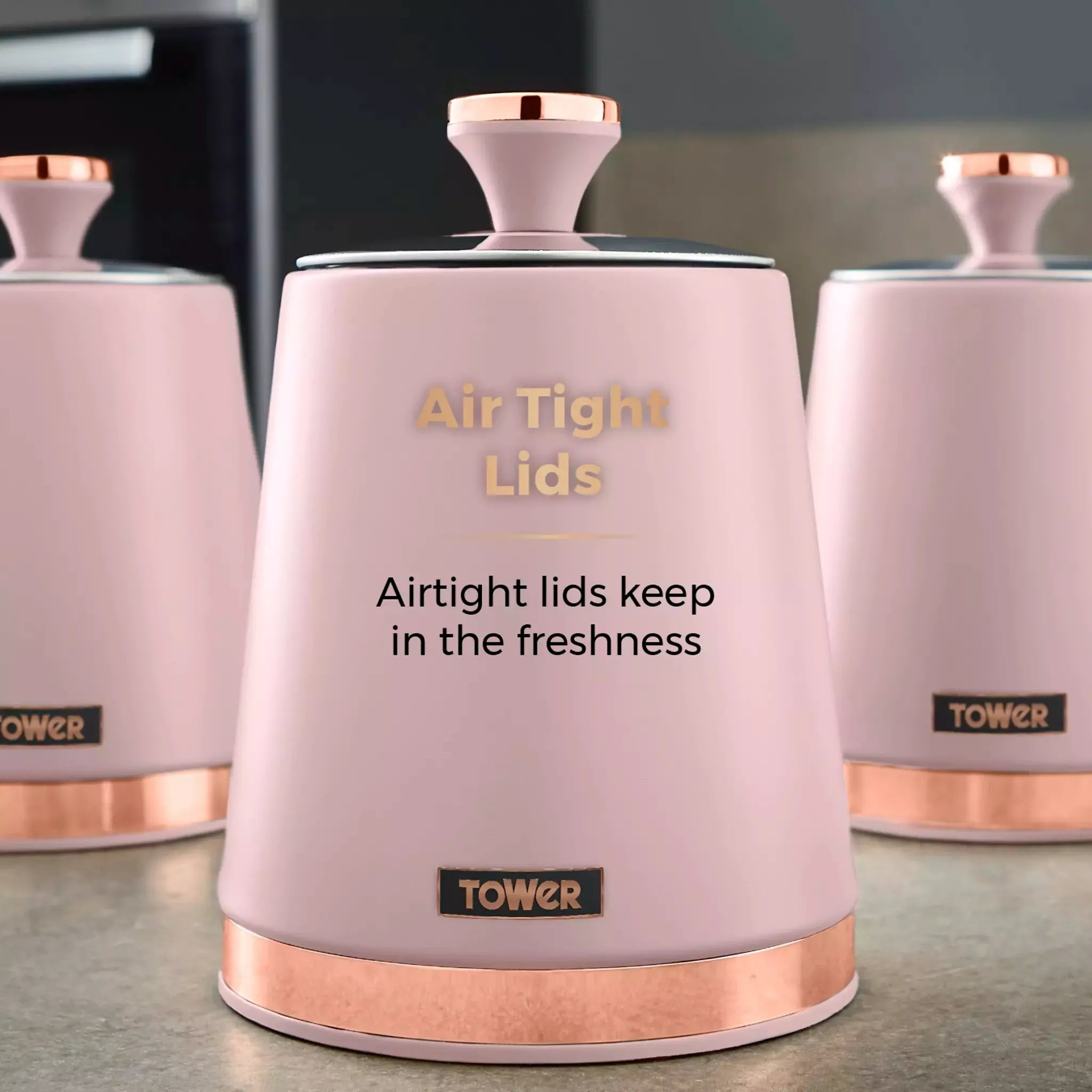 Single marshmallow pink Tower Cavaletto canister with air-tight lid and rose-gold base