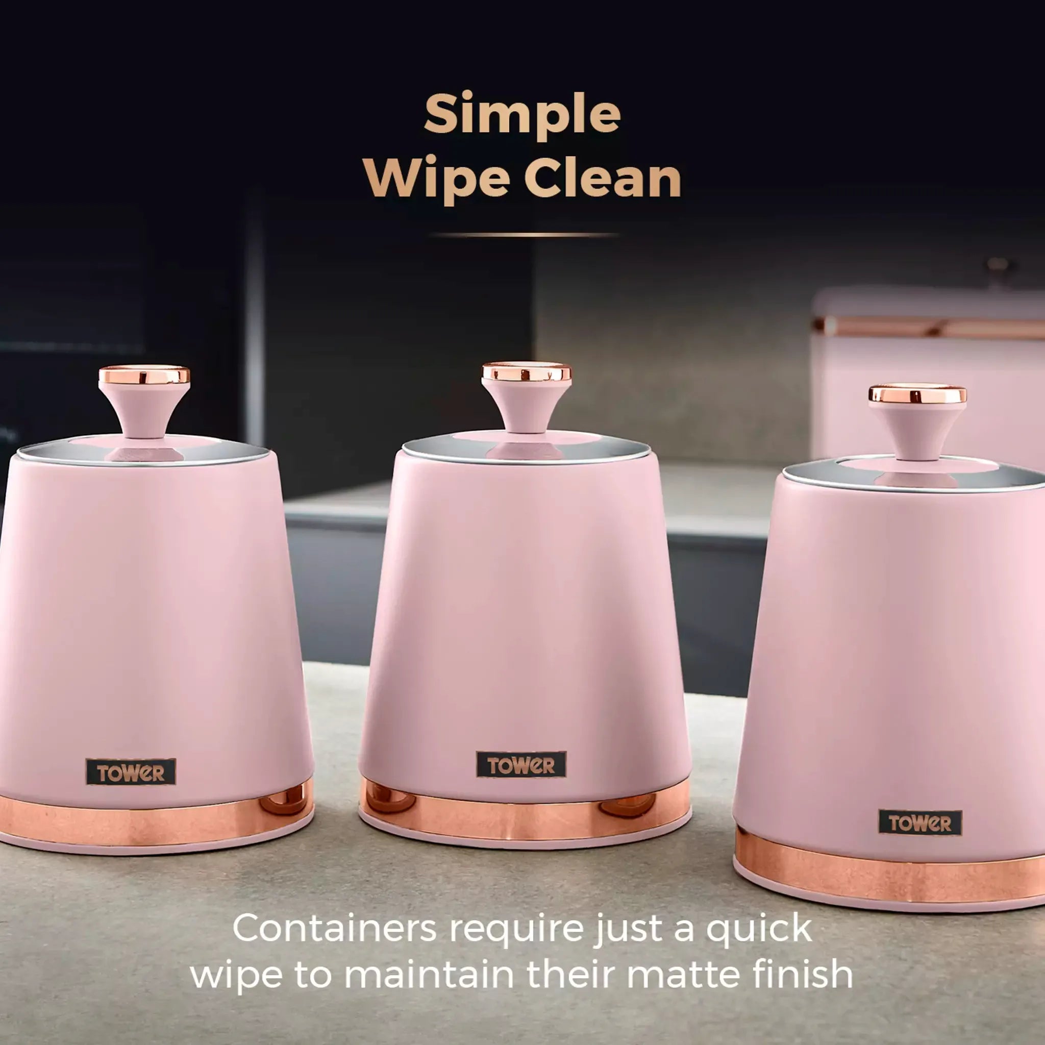 Marshmallow pink Tower Cavaletto storage canisters with rose-gold tone tops