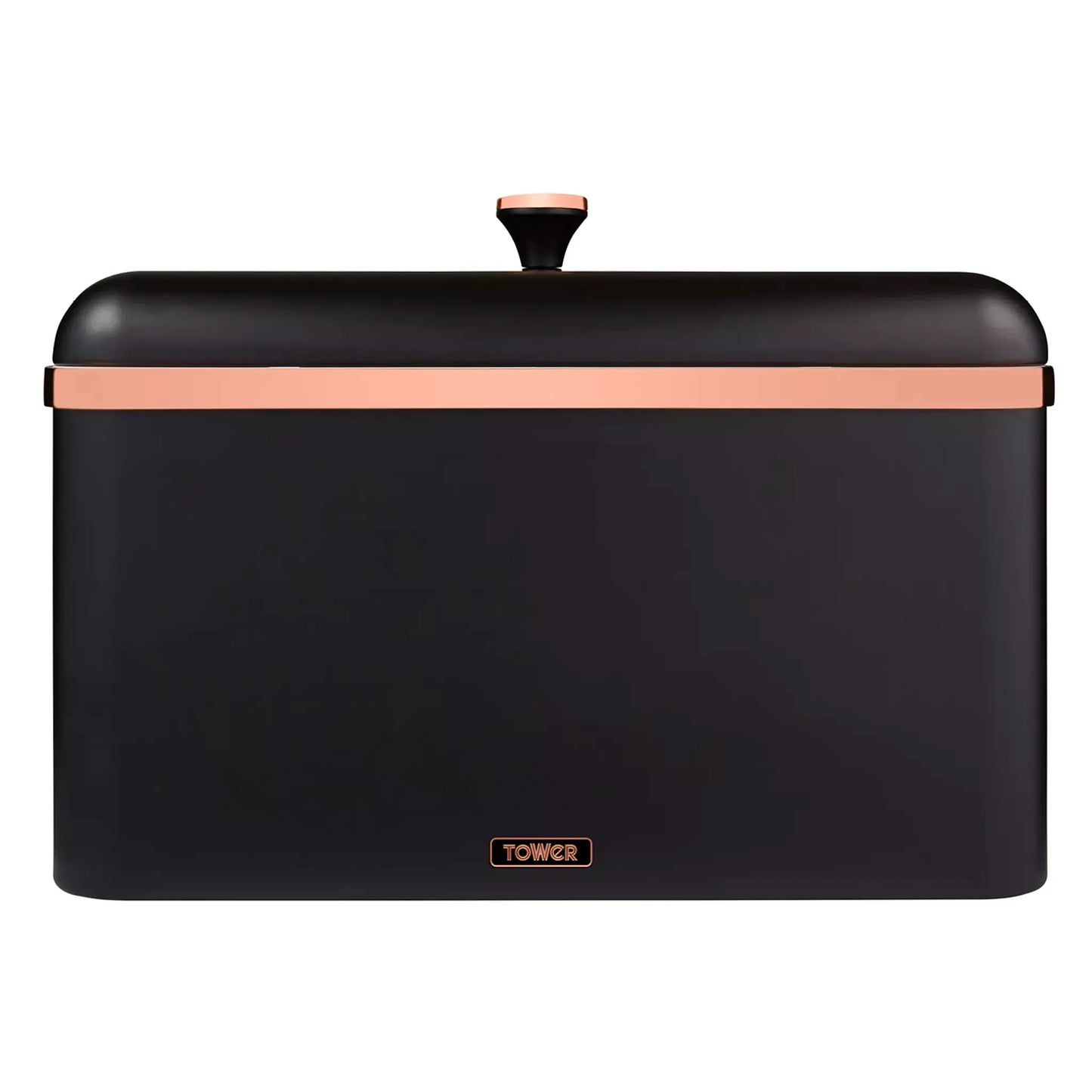 Black Cavaletto bread bin with liftable lid and rose-gold accents