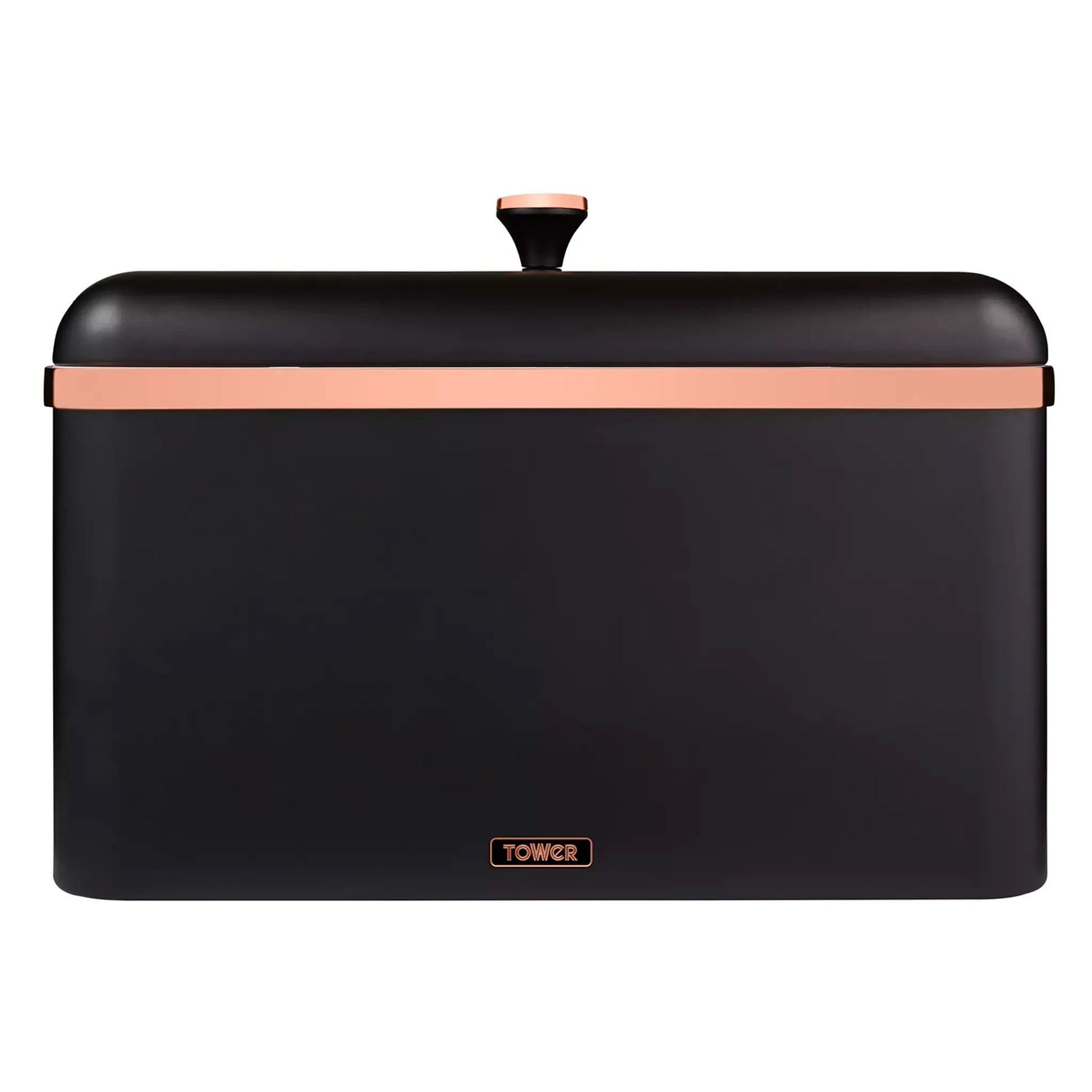 Black Cavaletto bread bin with liftable lid and rose-gold accents
