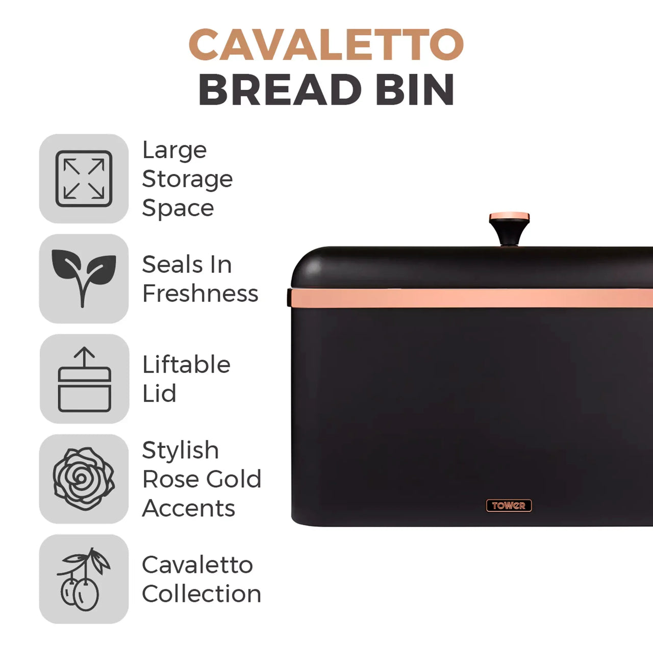 Black Cavaletto bread bin front view with rose-gold accent trim and lift knob