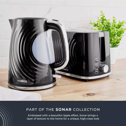 Tower Tower Sonar Kettle, 2 Slice Toaster, Bread Bin & Canisters Kitchen Set (Black)