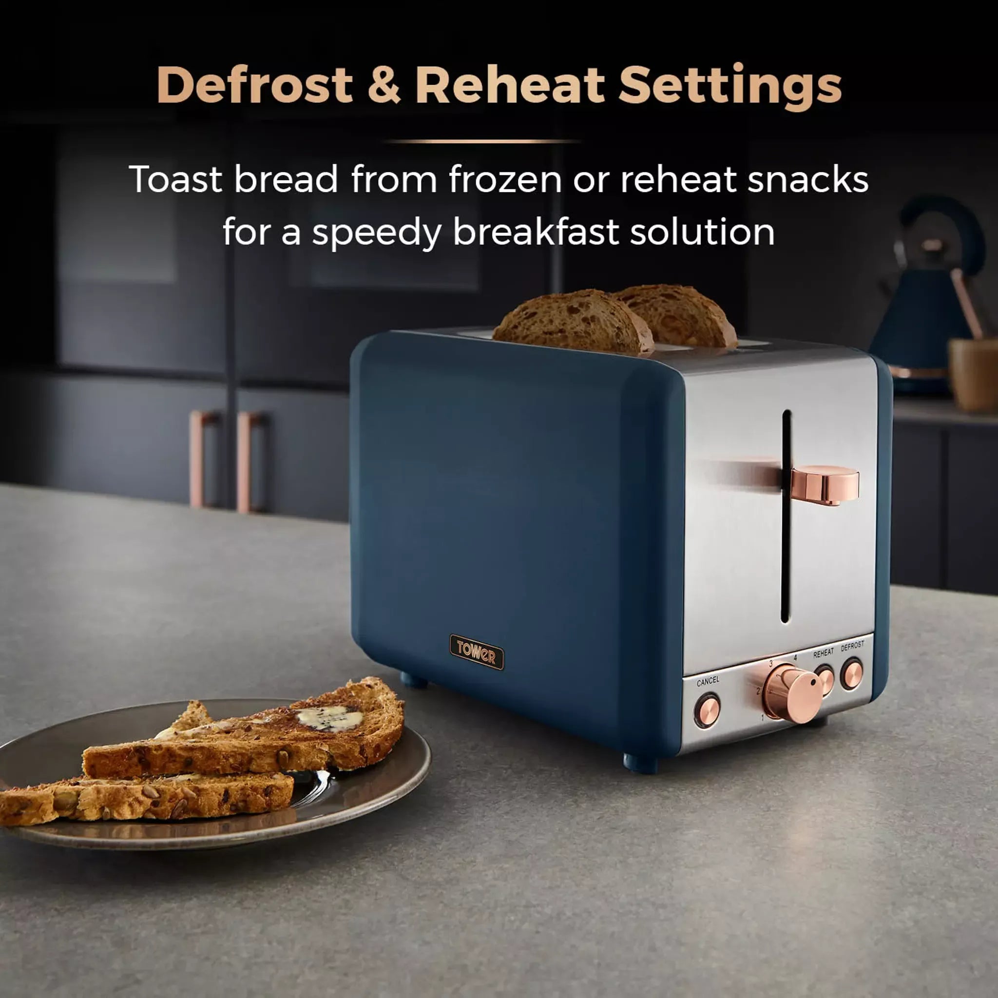 Tower Cavaletto Pyramid Kettle, 2 Slice Toaster & Canisters Kitchen Set (Midnight Blue)