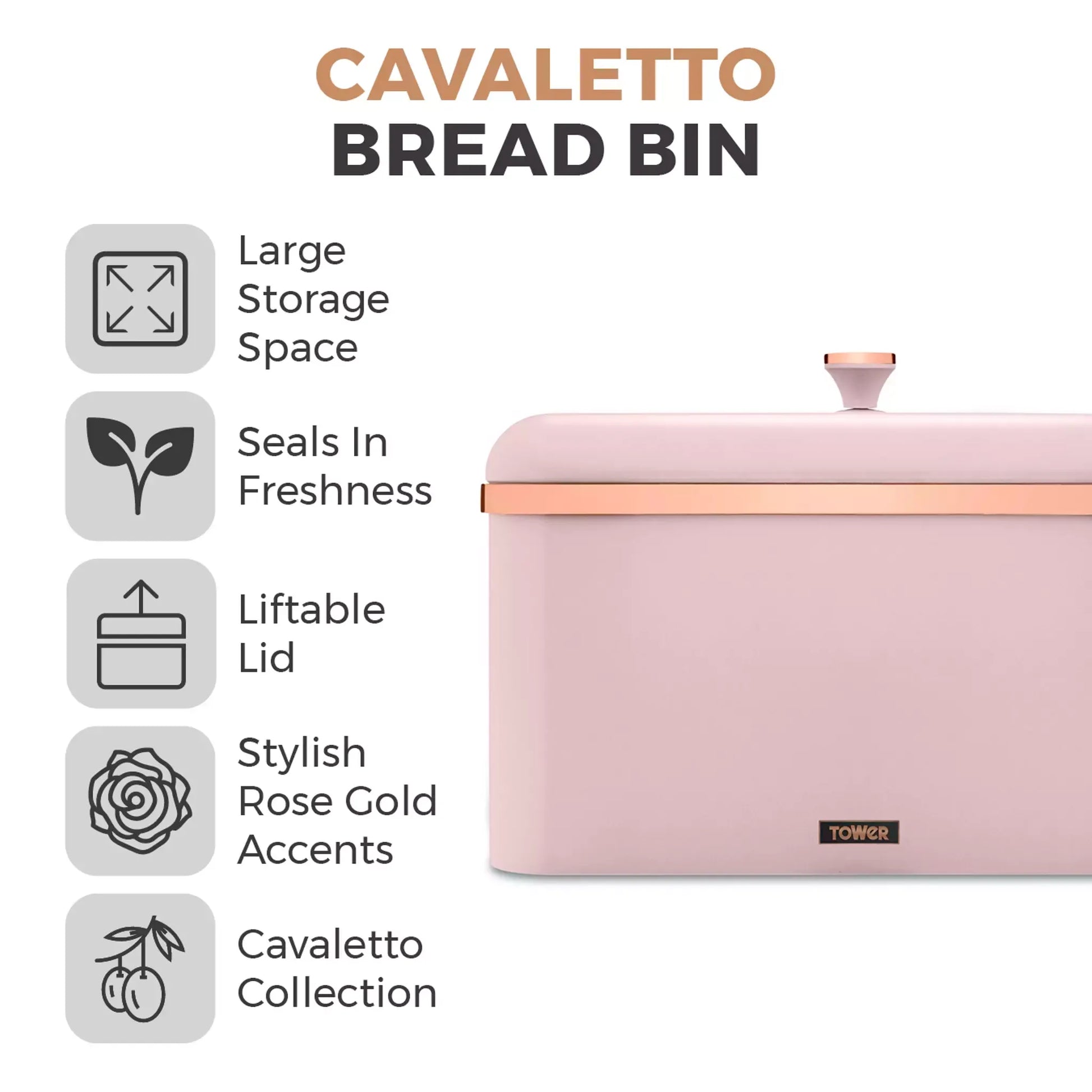 Marshmallow pink Tower Cavaletto bread bin with liftable lid and rose-gold accents