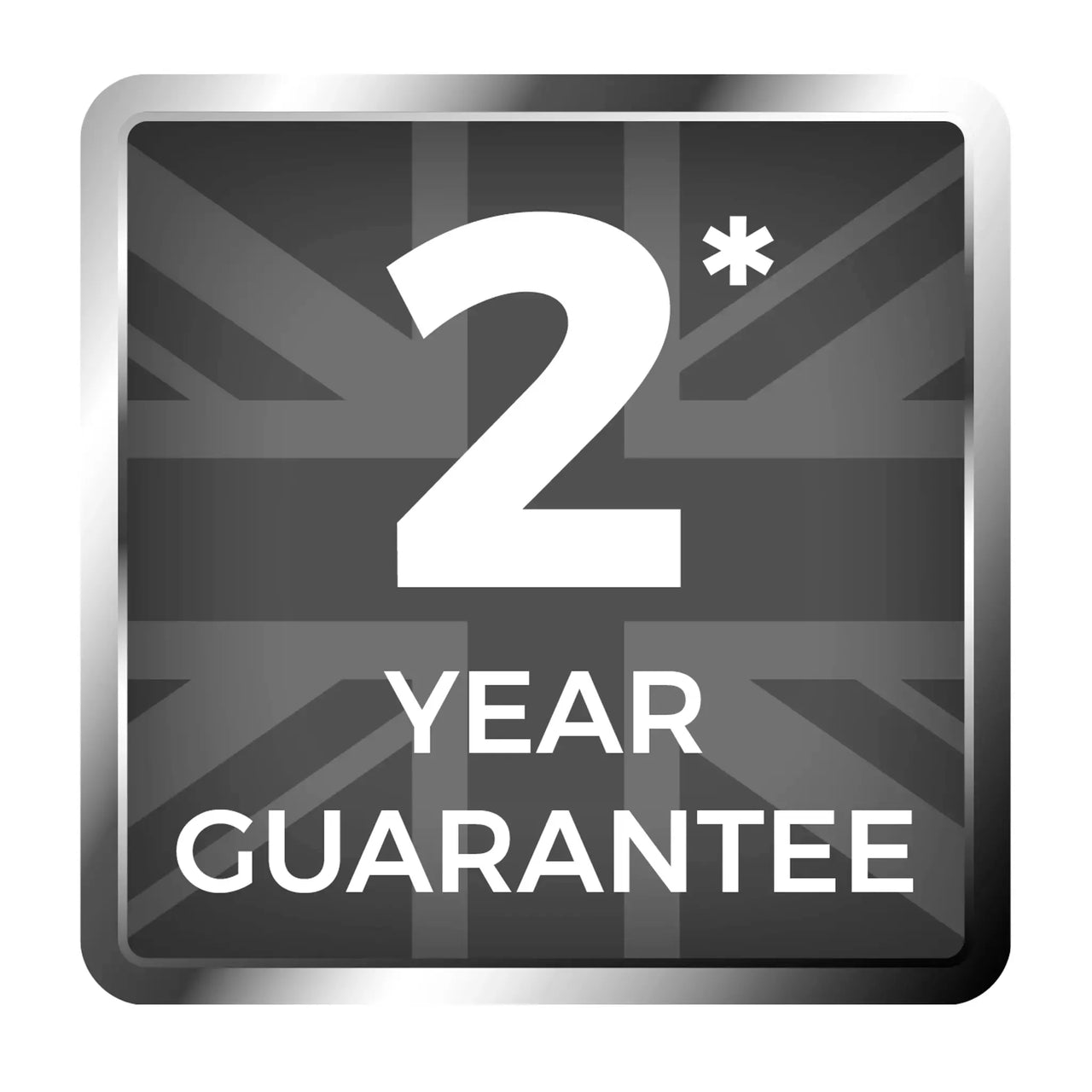 2 year guarantee badge with large number 2 and text 