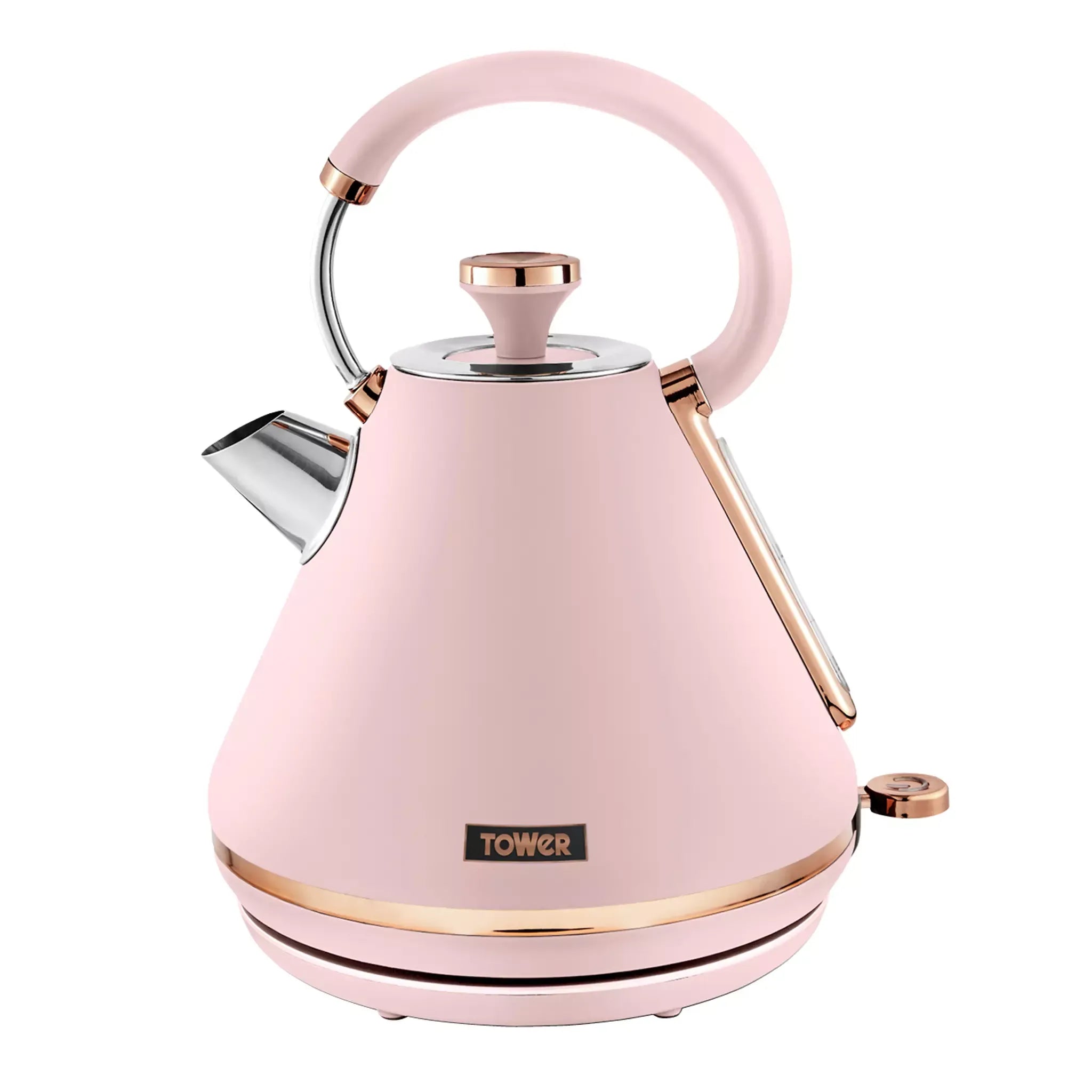 Marshmallow pink pyramid kettle with rose-gold handle, spout, and lid knob