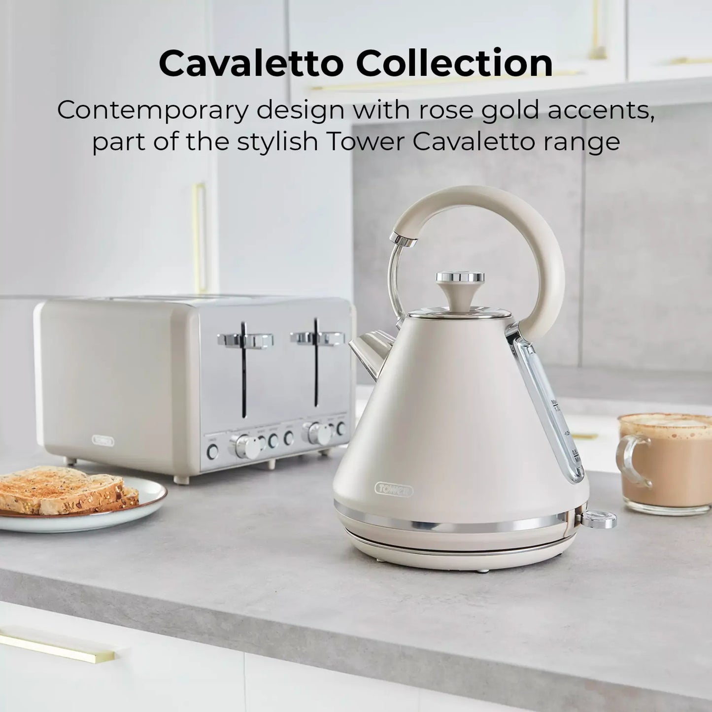 Tower Tower Cavaletto Pyramid Kettle, 4 Slice Toaster & Canisters Kitchen Set (Latte)