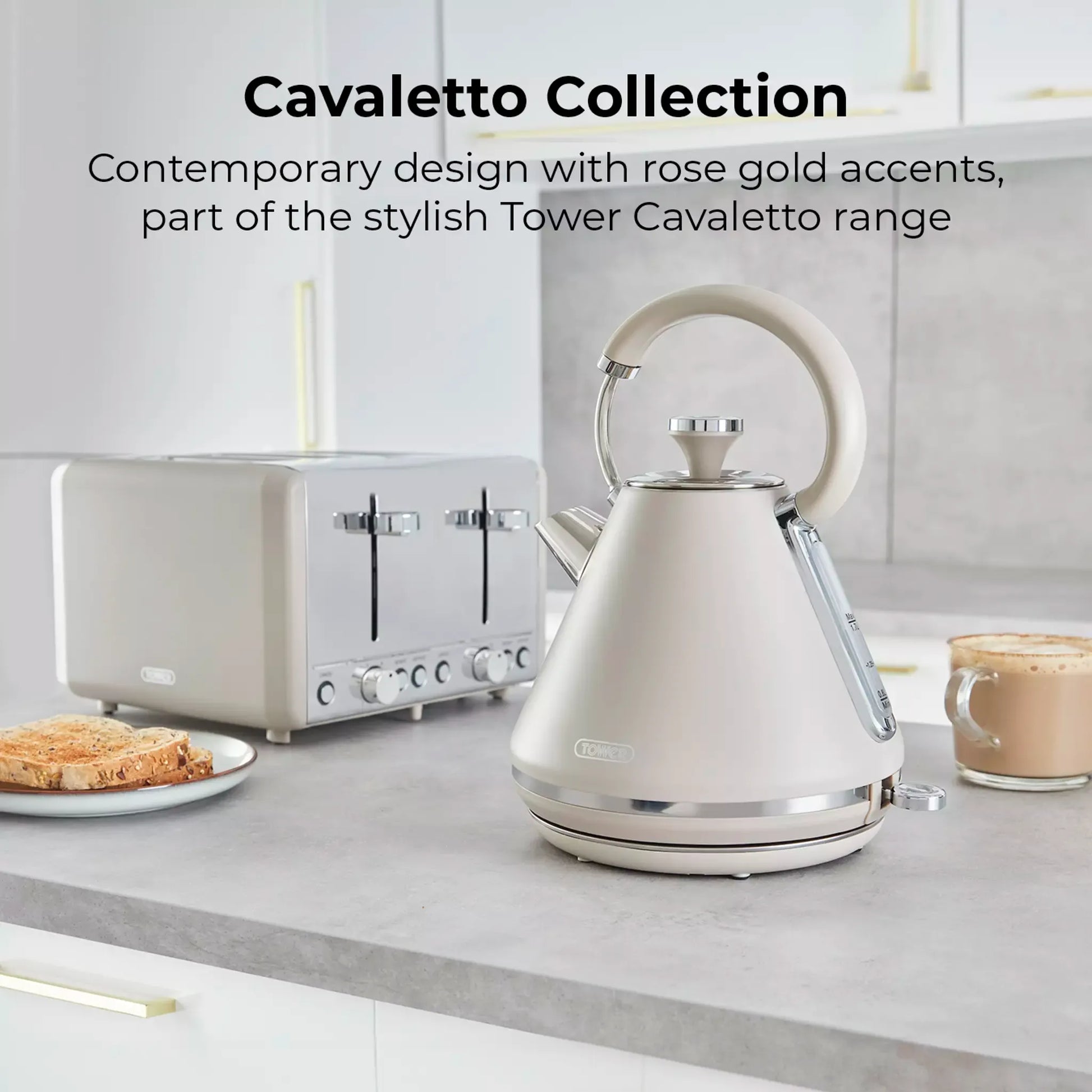 Tower Tower Cavaletto Pyramid Kettle, 4 Slice Toaster & Canisters Kitchen Set (Latte)