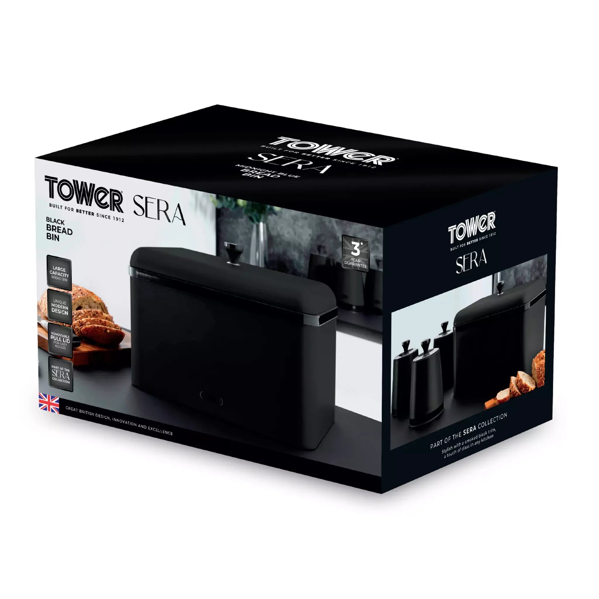 Tower Tower Sera Kettle, 4 Slice Toaster, Bread Bin & Canisters Kitchen Set (Black)