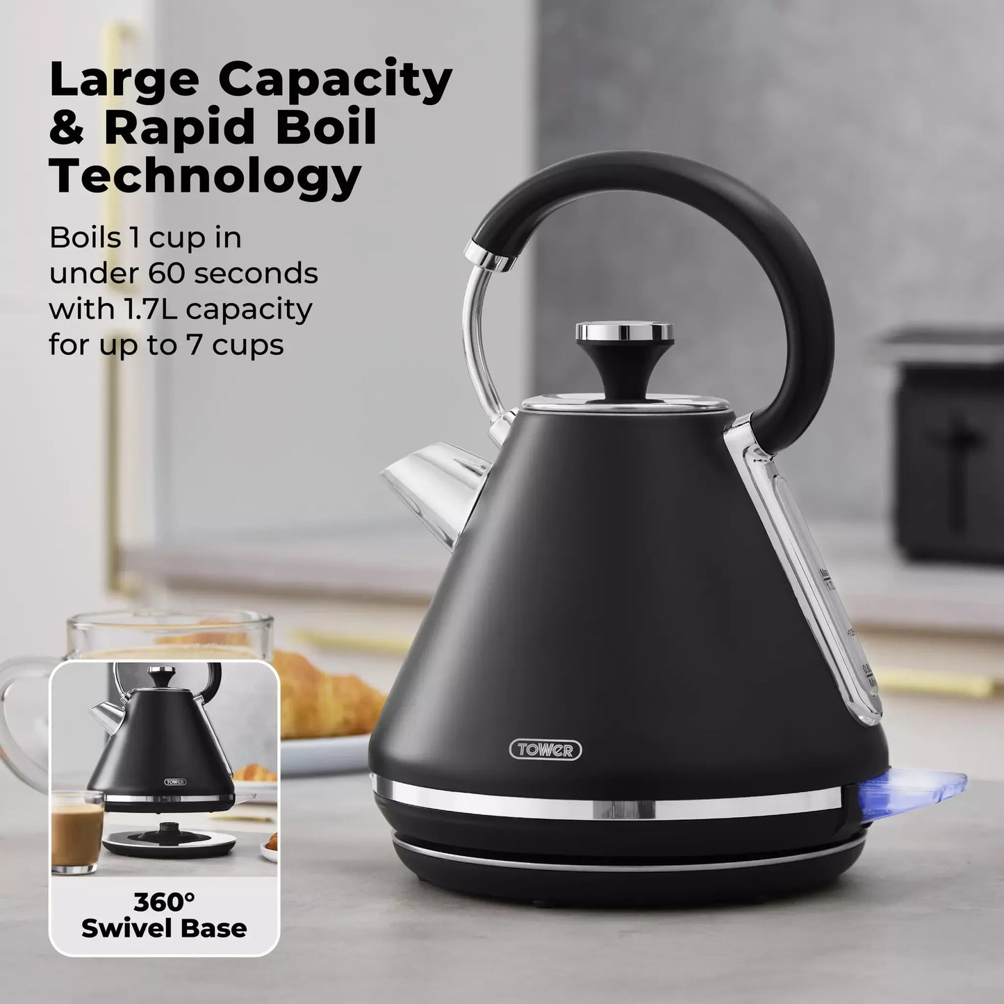 Tower Tower Mirage Digital Pyramid Kettle & 2 Slice Toaster Kitchen Set (Black)