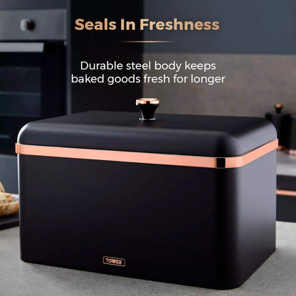 Black bread bin with rose-gold trim and upright knob handle