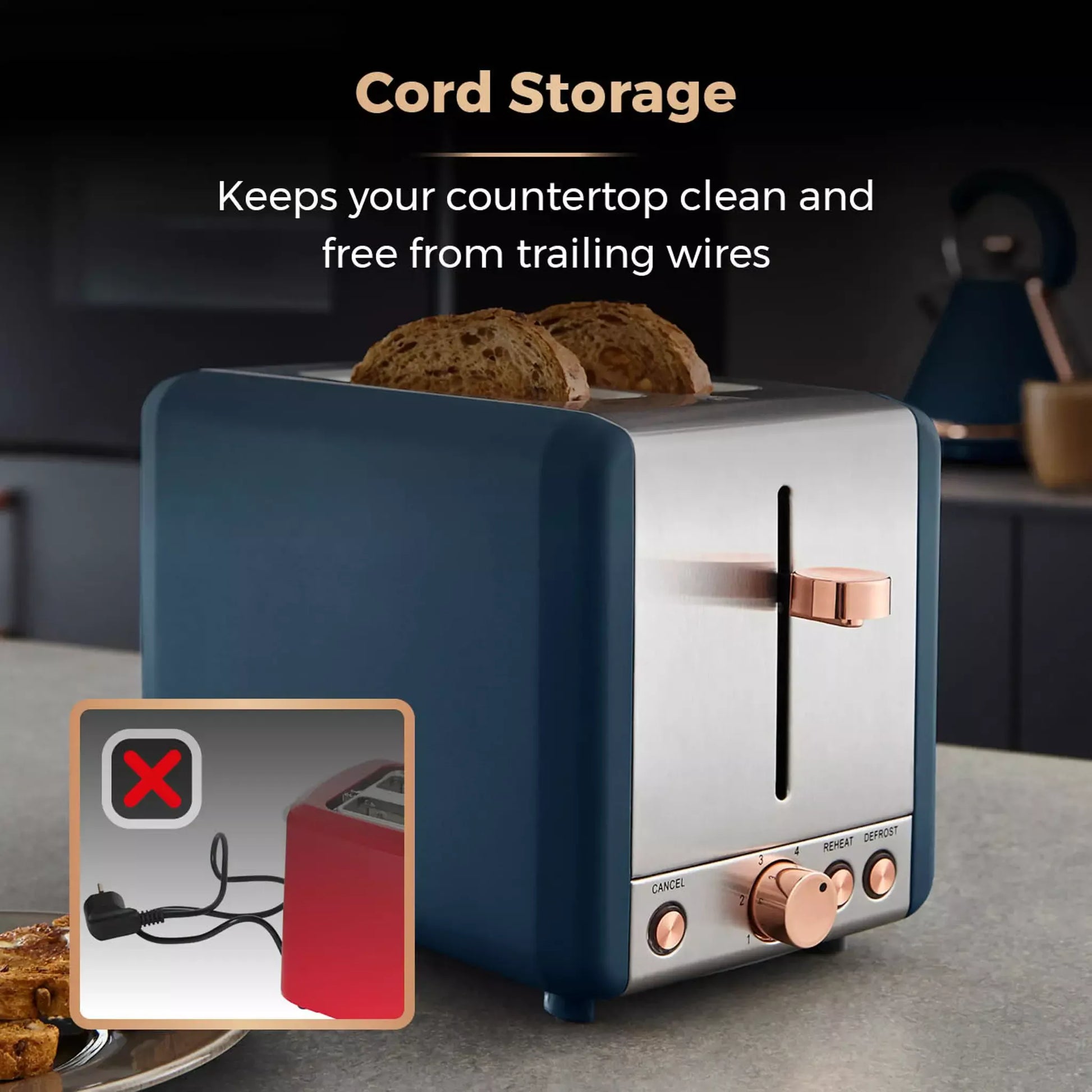 Midnight blue 2-slice toaster with cord storage area and front control knobs