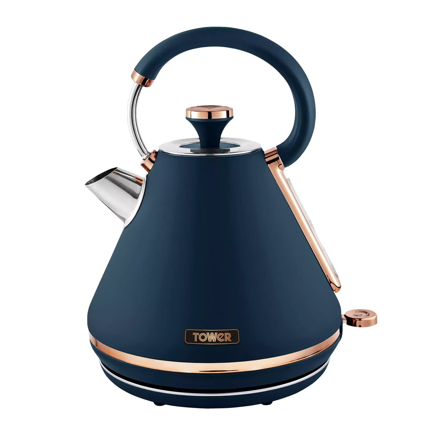 Blue pyramid electric kettle with rose-gold handle, lid, and spout