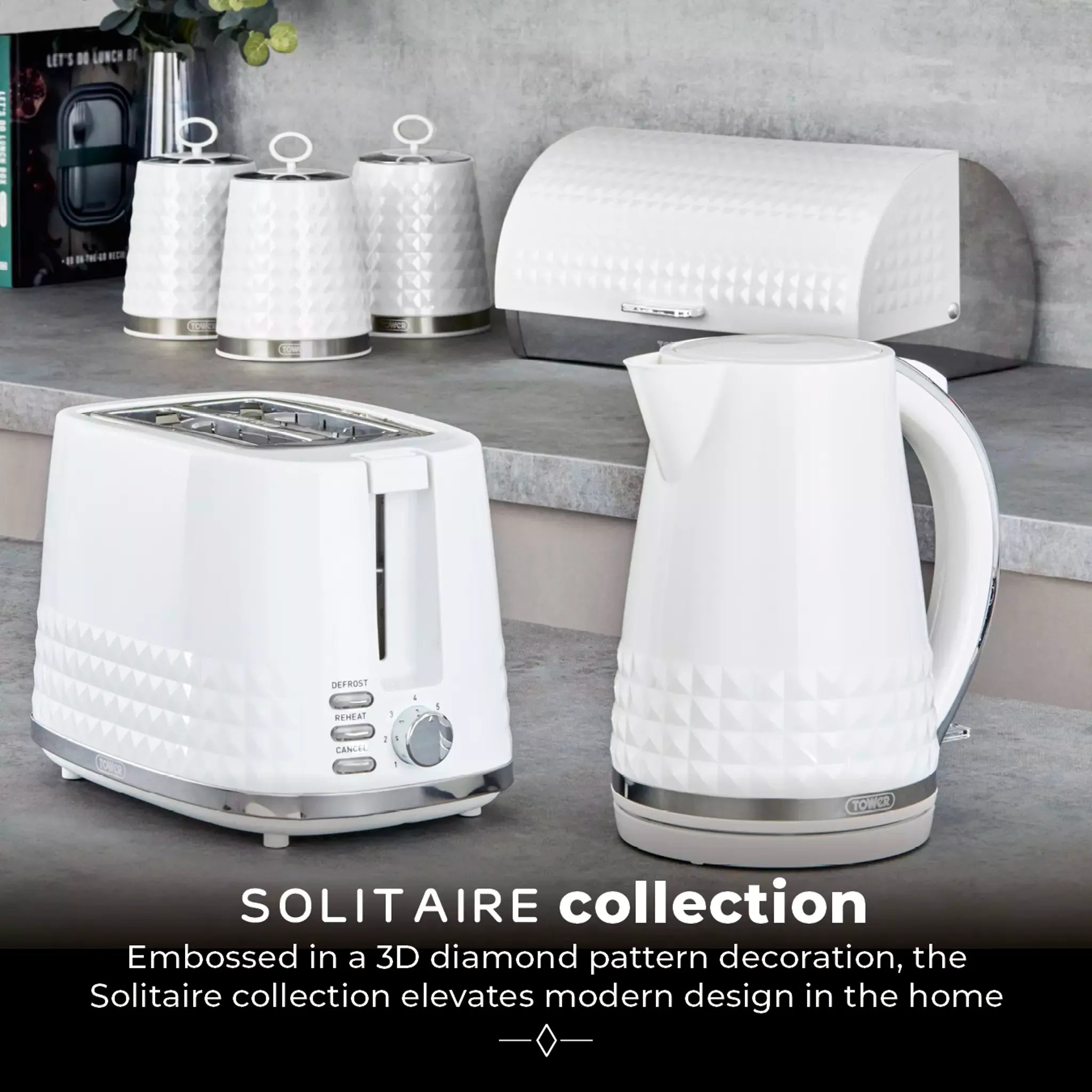 Tower Solitaire Jug Kettle & 2 Slice Toaster Kitchen Set (White)