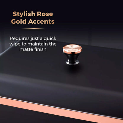 Rose-gold knob on black bread bin lid with matte finish