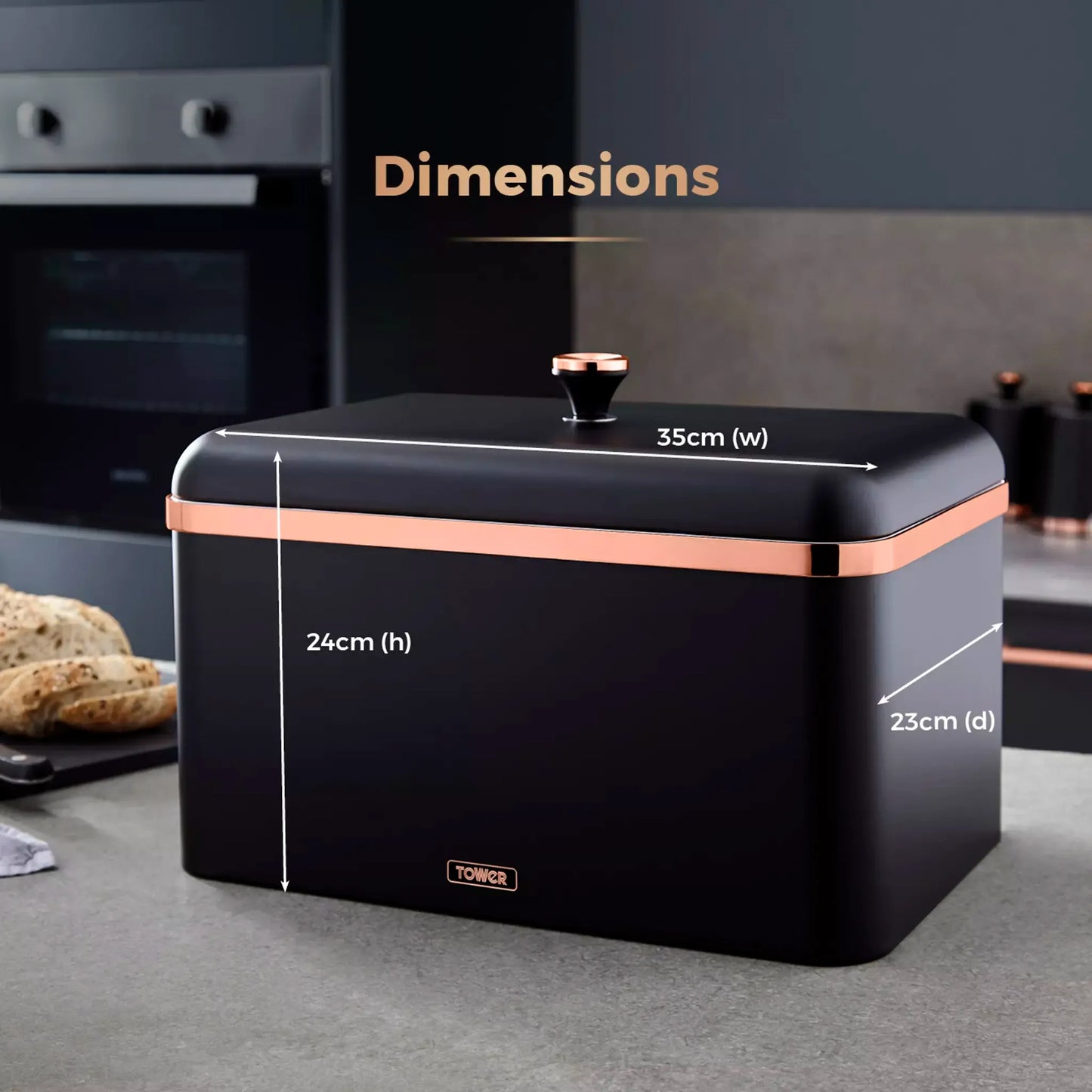 Black bread bin with rose-gold trim, lift knob, and rectangular shape