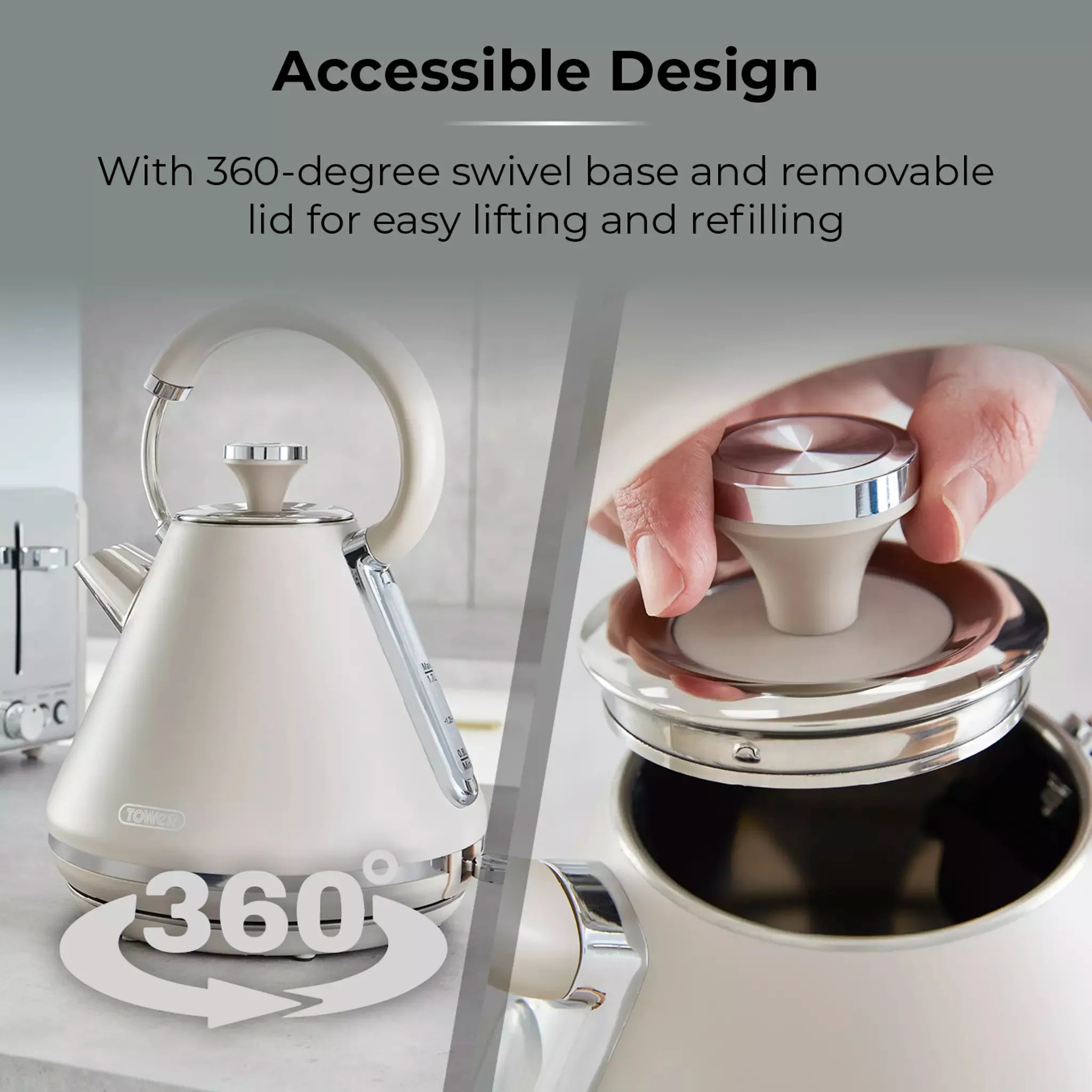 Tower Cavaletto Pyramid Kettle & 4 Slice Toaster Kitchen Set (Latte)